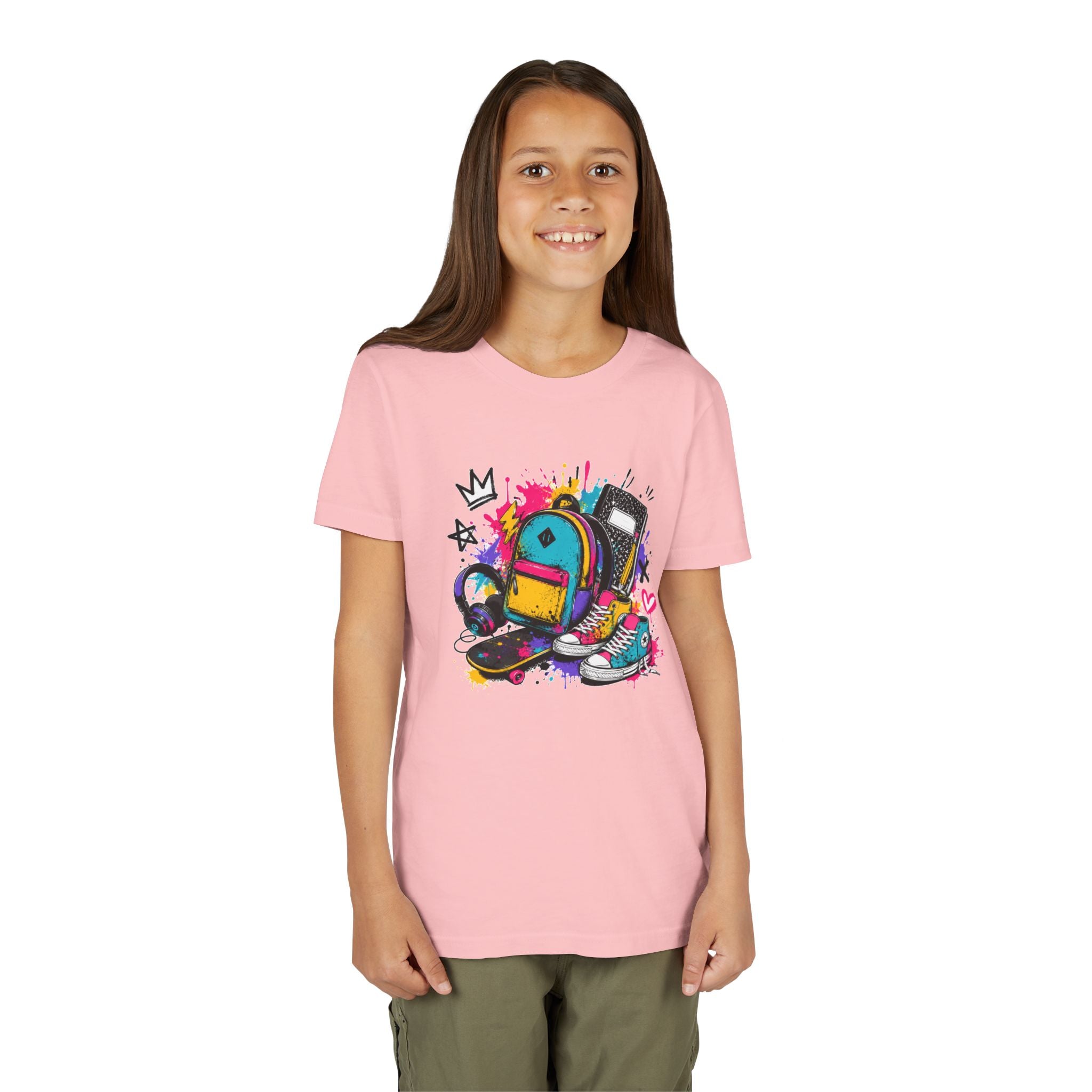 Youth Tee — Colorful Back-to-School Backpack Skateboard Graphic