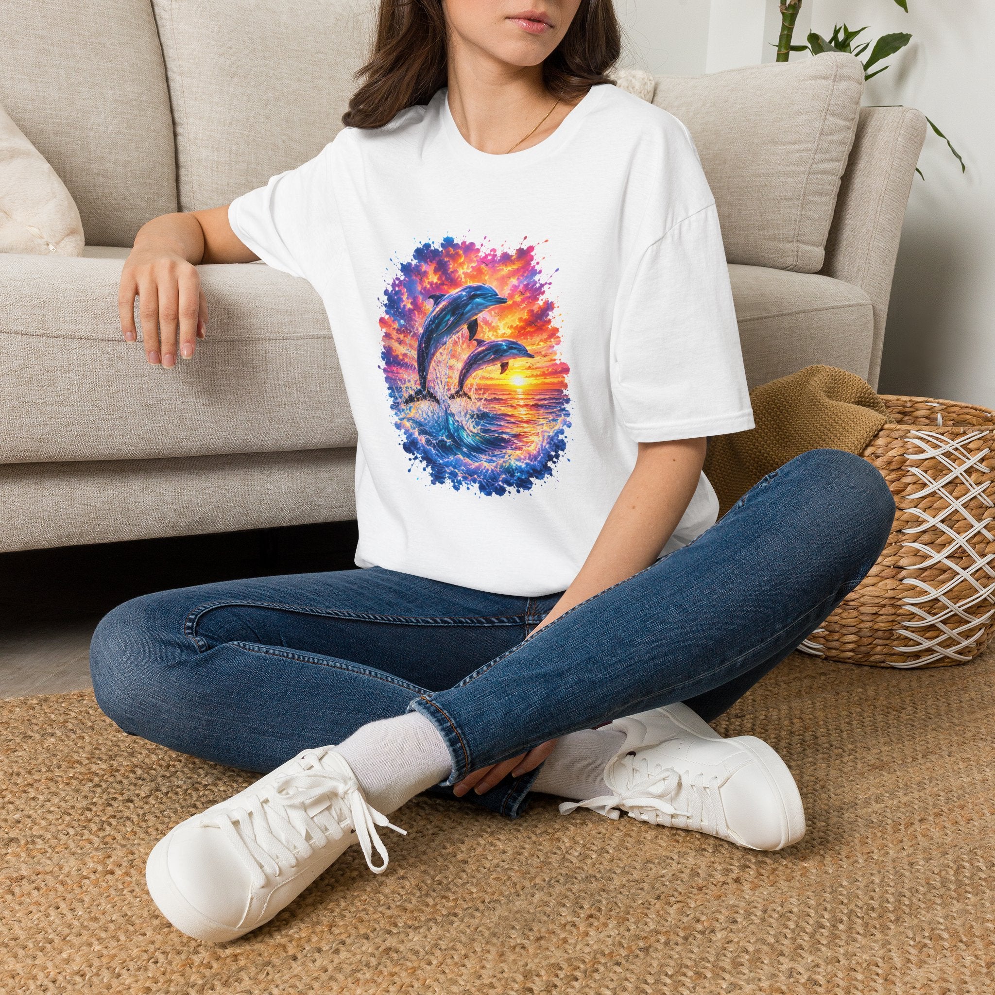 Dolphin Sunset TShirt  Vibrant Ocean Jump Graphic Tee
