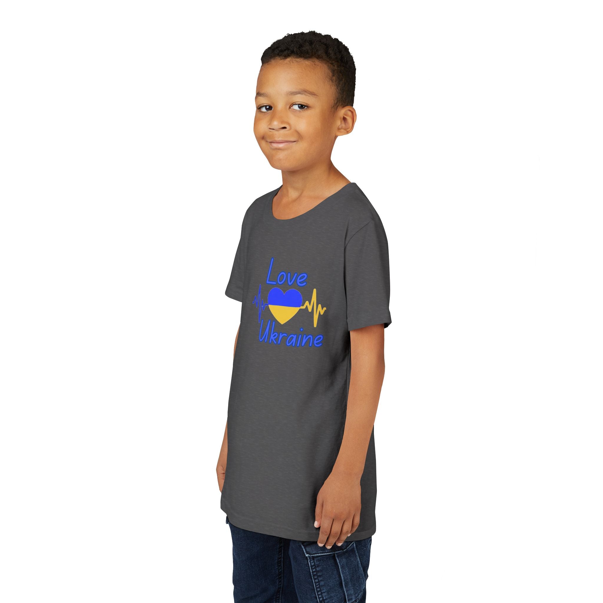 Love Ukraine Youth Tee — Blue & Yellow Heart Kids Shirt (Support Ukraine)