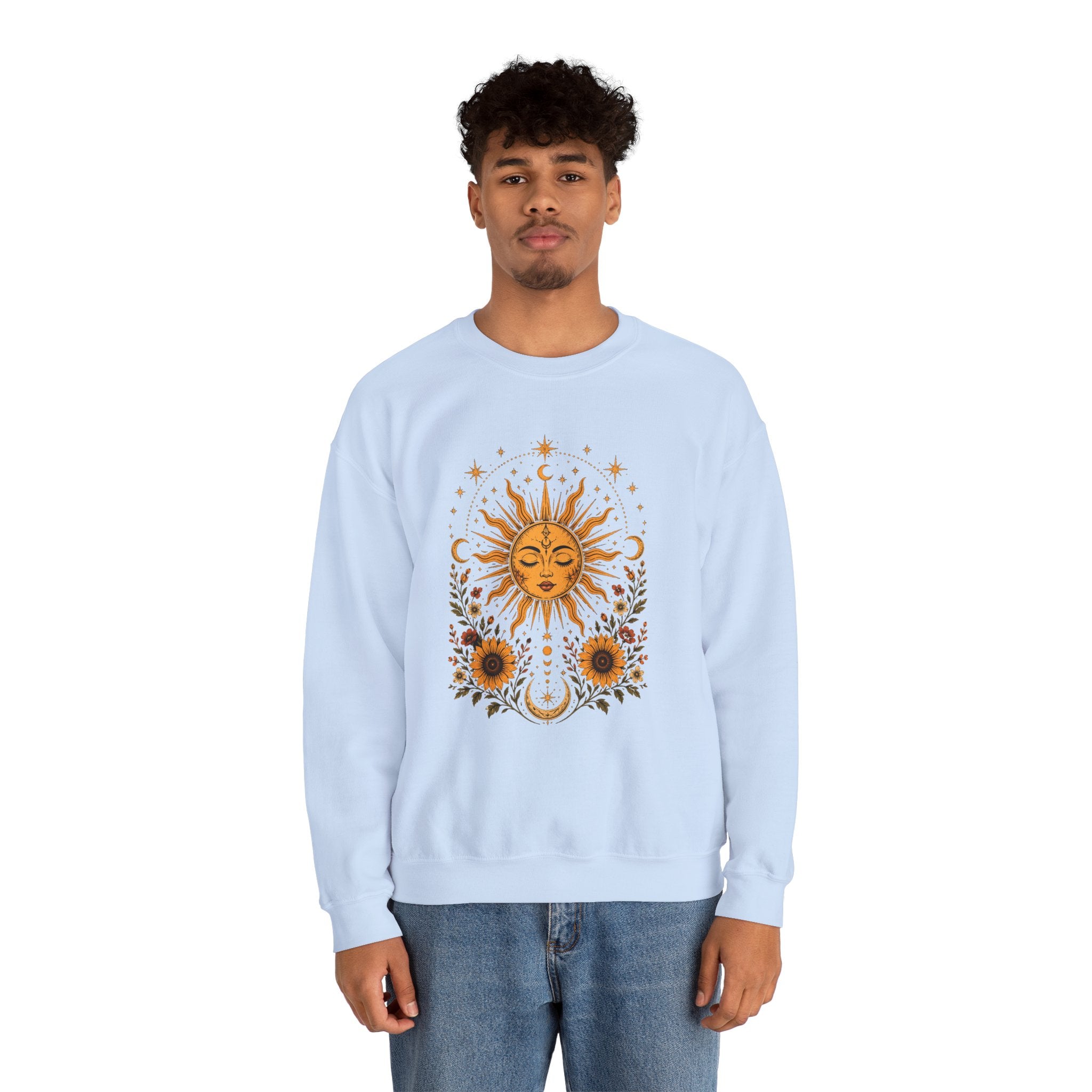 Sun & Sunflower Crewneck Sweatshirt, Boho Celestial Sweatshirt, Vintage Sun Graphic, Cozy Unisex Pullover, Gift for Her