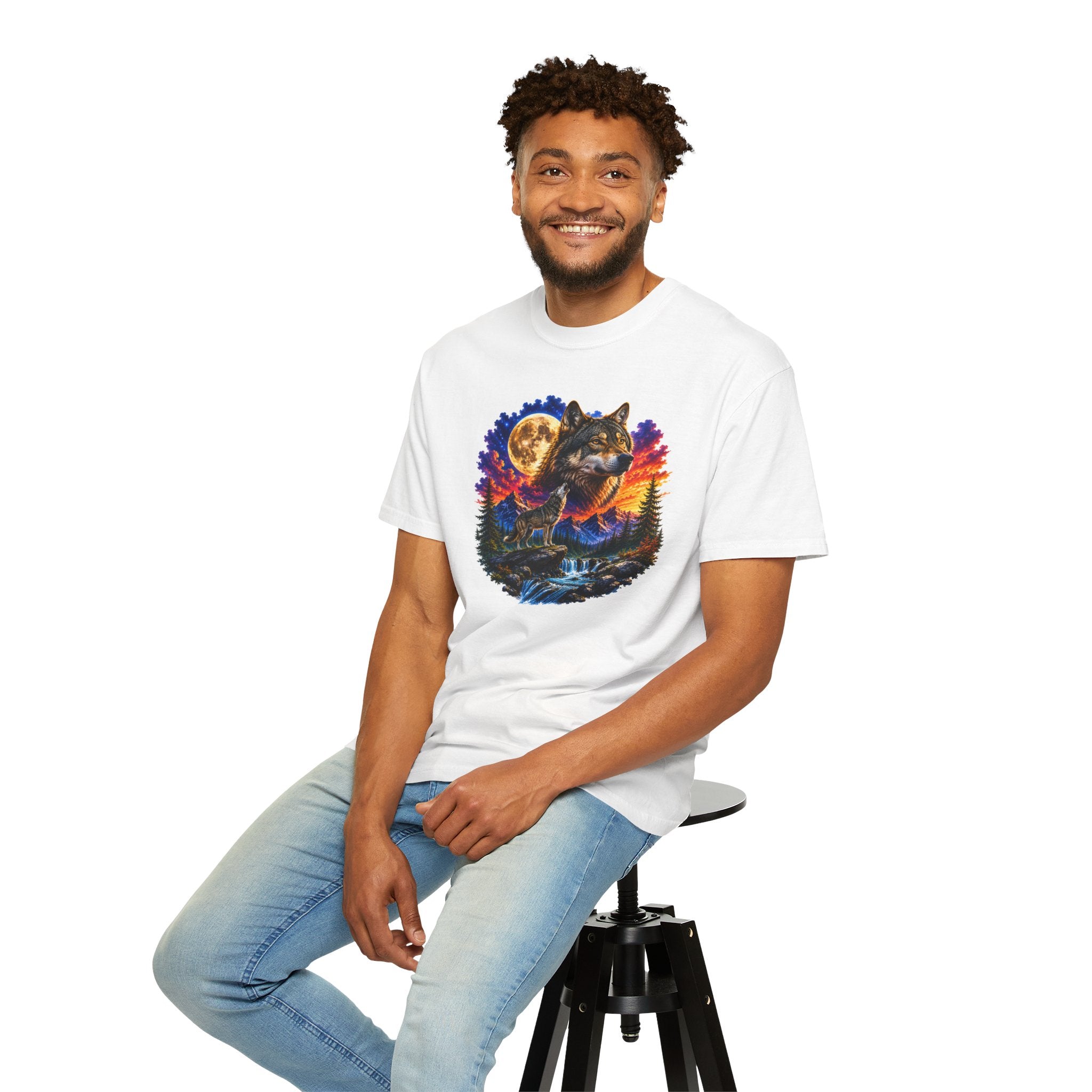 Colorful Wolf Moon T-Shirt, Nature Lover Gift, Howling Wolf Graphic Tee, Mountain Forest Shirt, Wildlife Adventure Tee