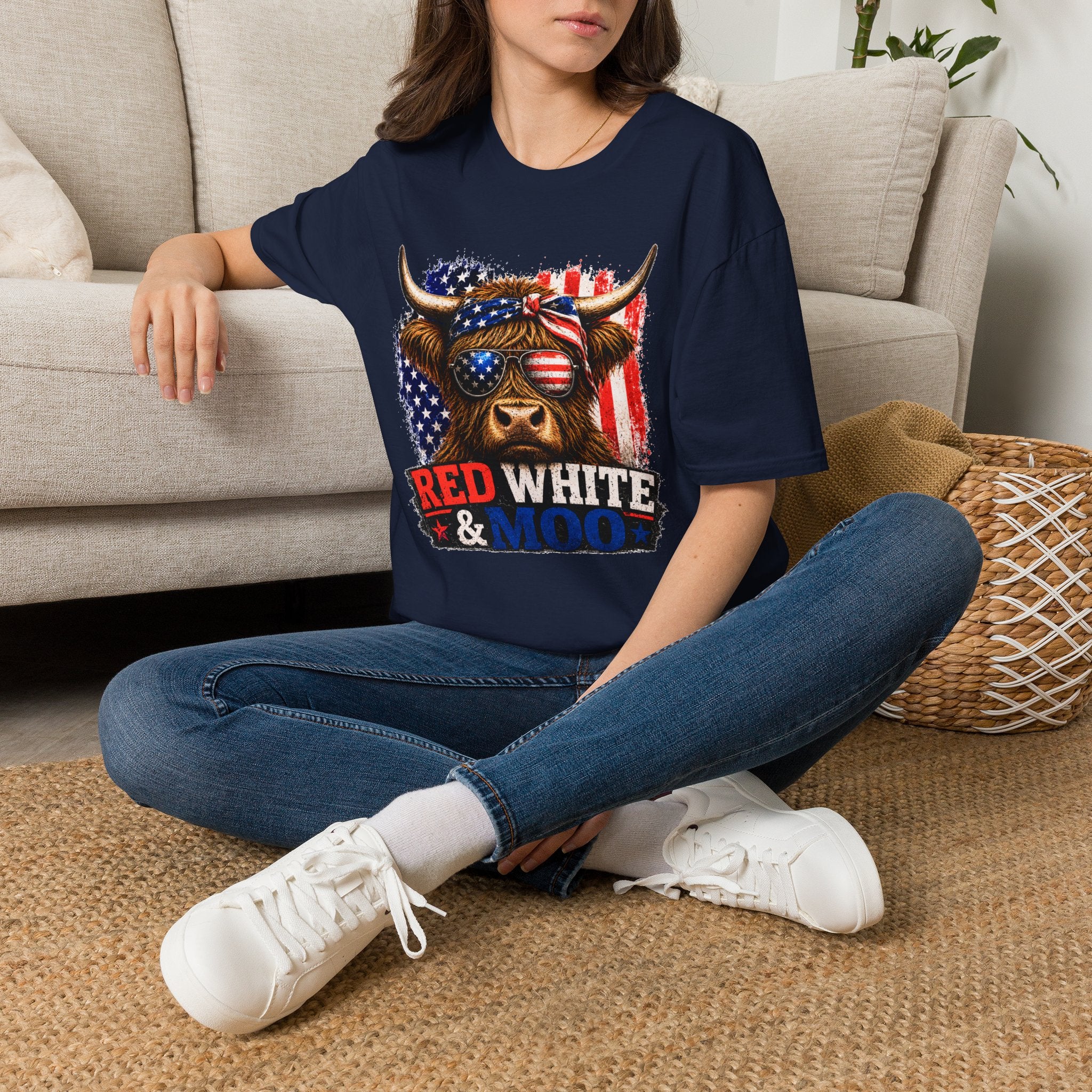 Patriotic Cow Graphic T-Shirt — "Red White & Moo" American Flag Tee