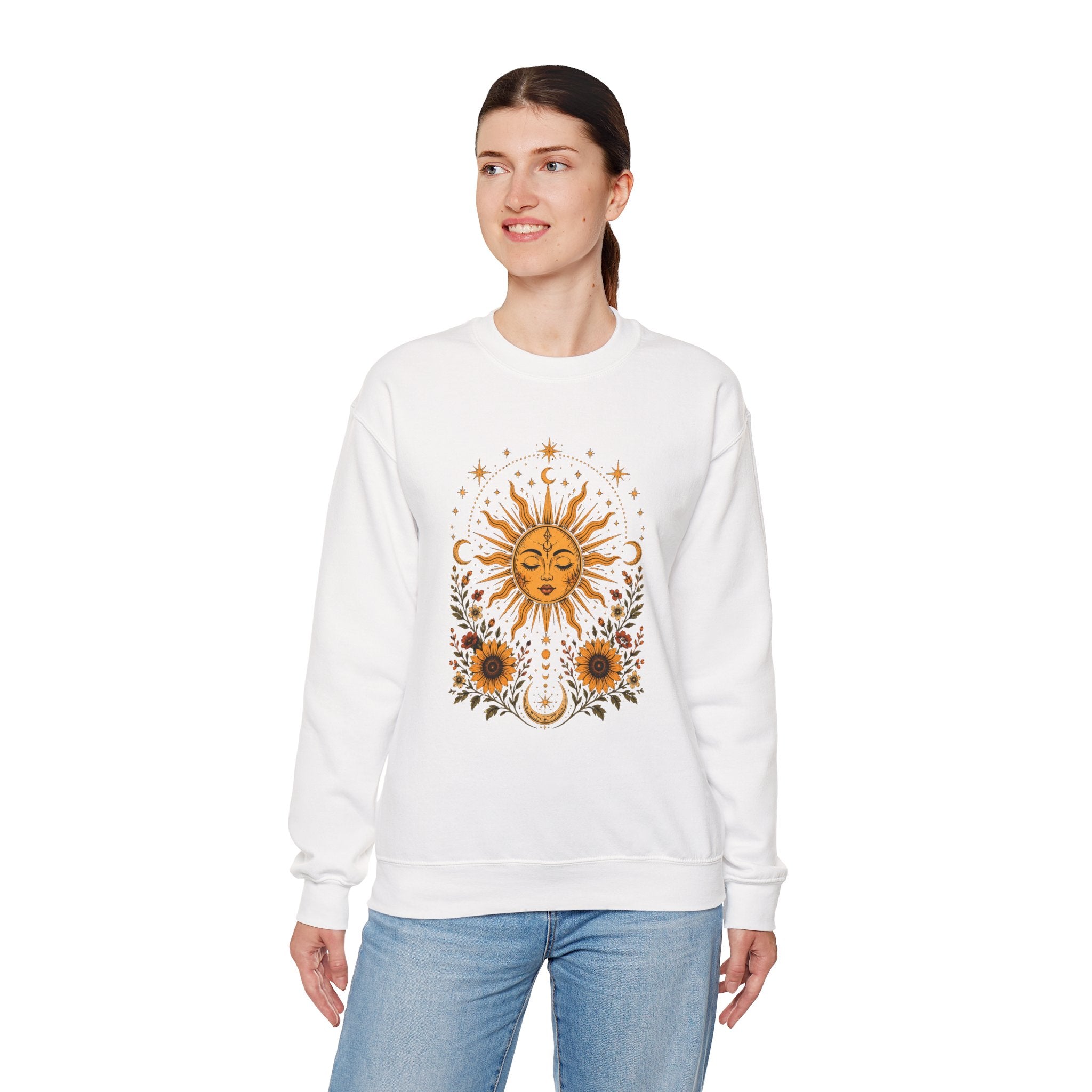 Sun & Sunflower Crewneck Sweatshirt, Boho Celestial Sweatshirt, Vintage Sun Graphic, Cozy Unisex Pullover, Gift for Her