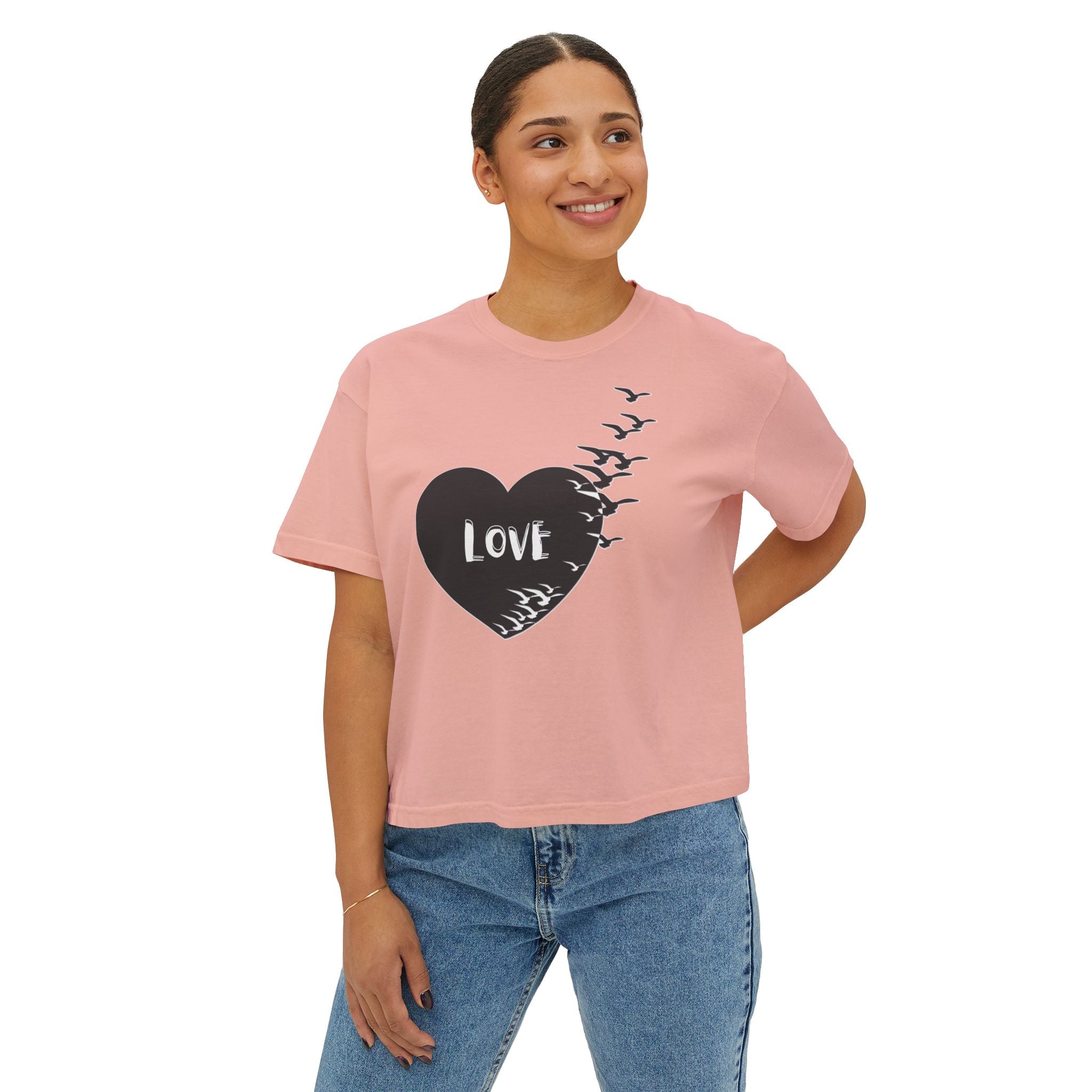 Love Bird Heart Boxy Tee — Women's Casual Graphic Shirt