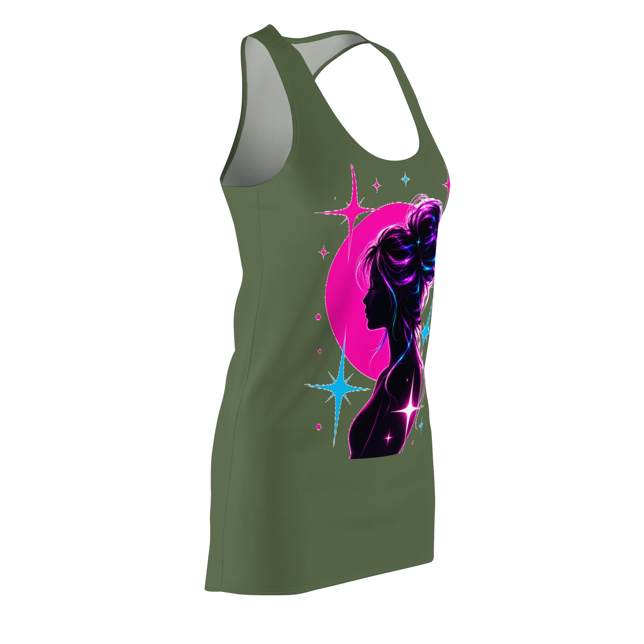 Cosmic Silhouette Racerback Dress, Neon Moon Woman Dress, Galaxy Graphic Dress, Sleeveless Summer Dress, Celestial Art Dress, Festival Outfit, Gift for Her