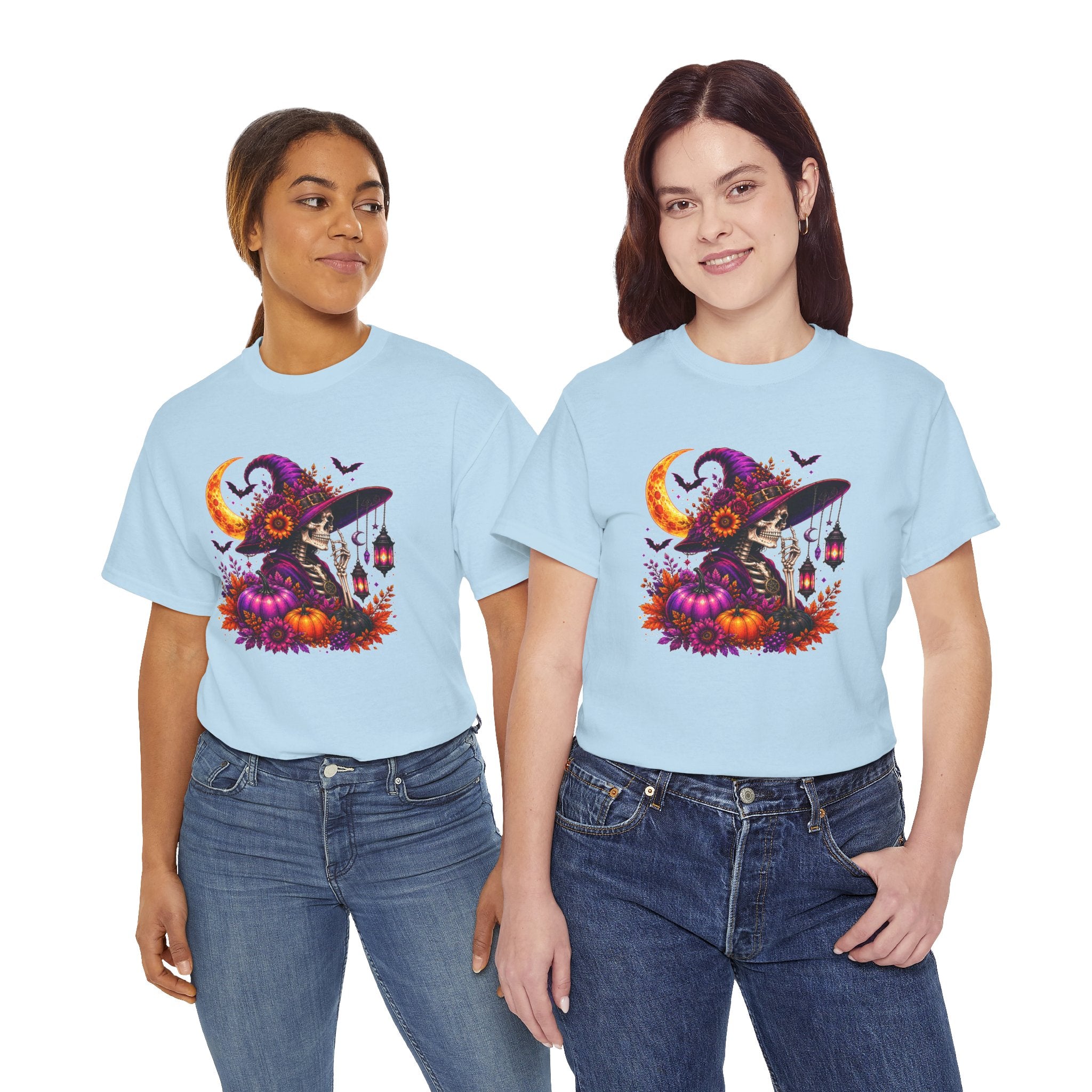Halloween Witch Skeleton T-Shirt, Spooky Pumpkin Moon Tee, Gothic Fall Graphic Shirt, Halloween Gift for Her
