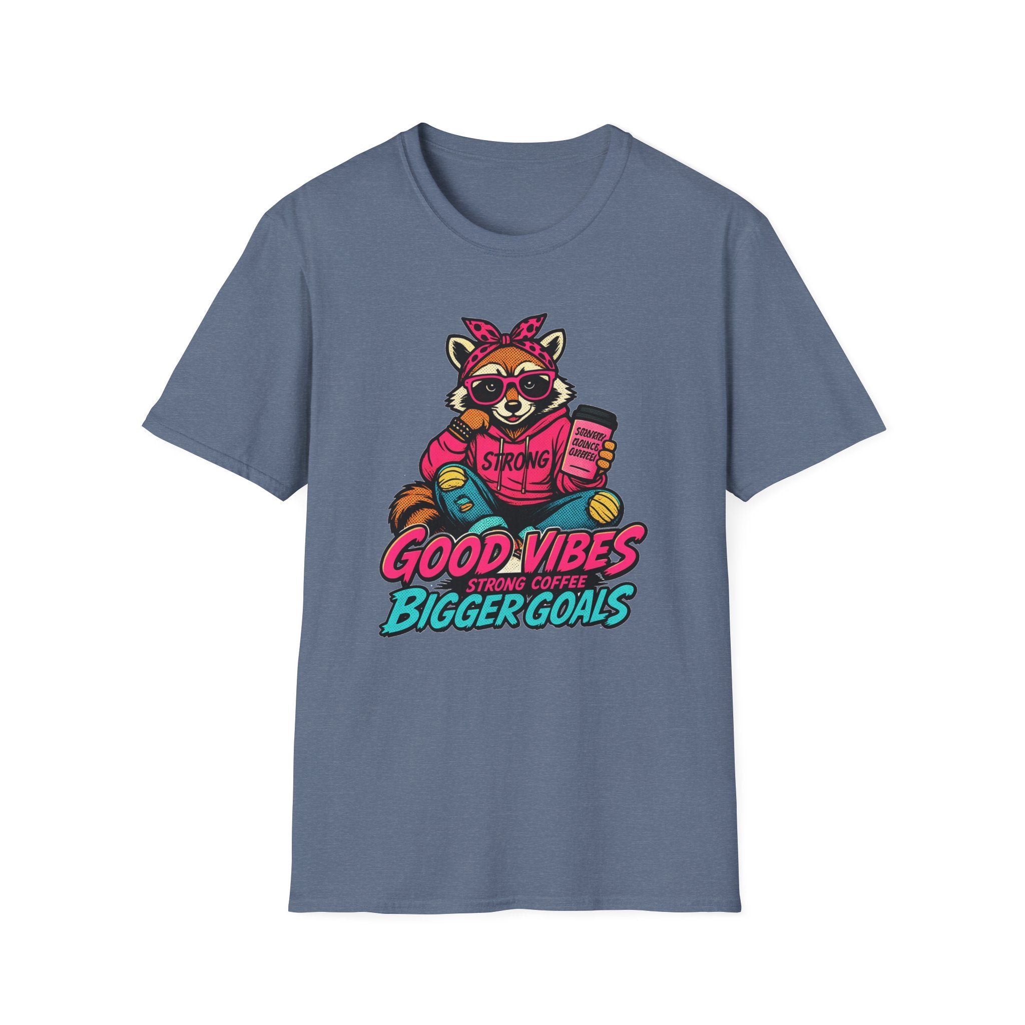 Good Vibes Bigger Goals T-Shirt — Raccoon Coffee Motivation Tee