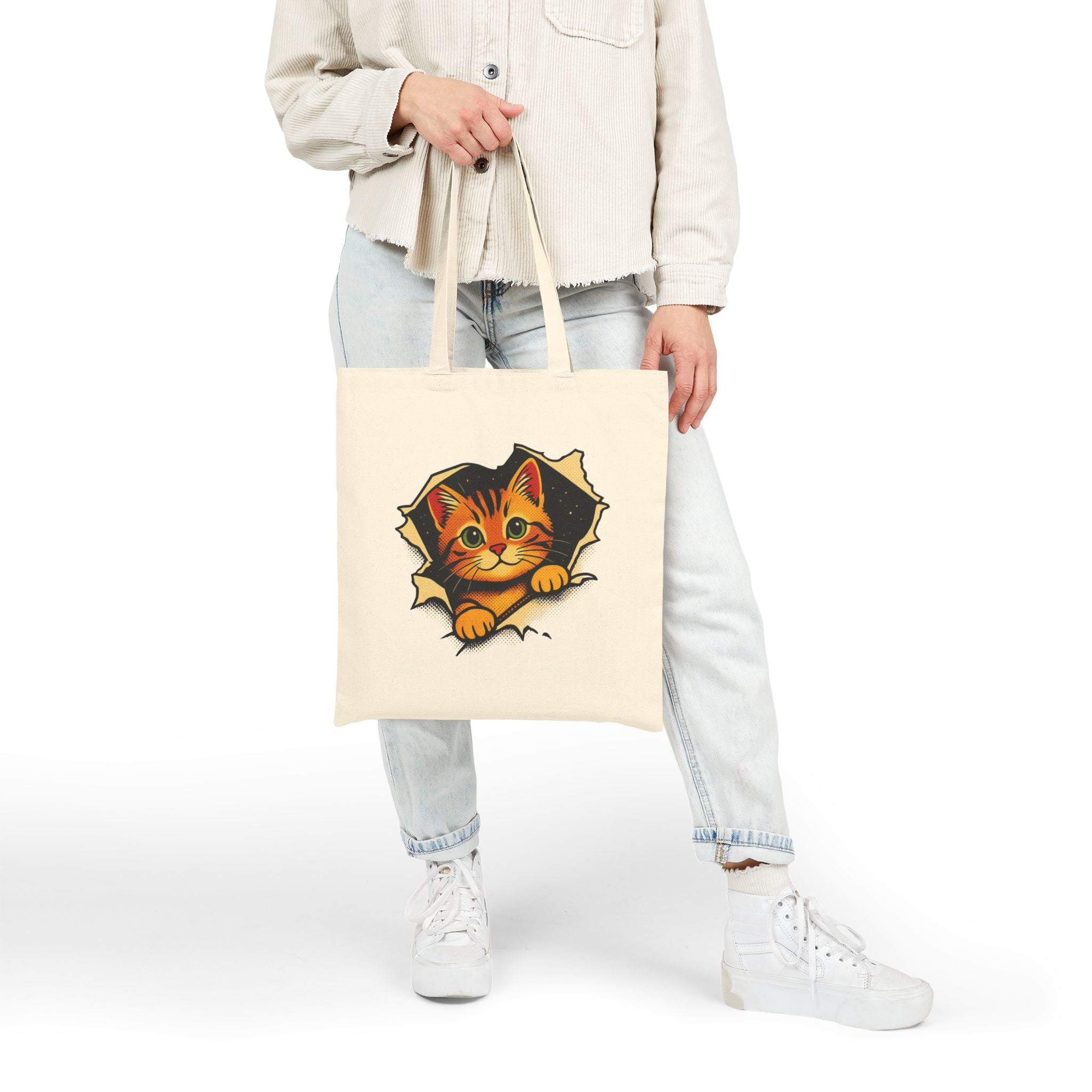 Cat Peeking Tote Bag — Cute Kitten Canvas Grocery & Book Bag