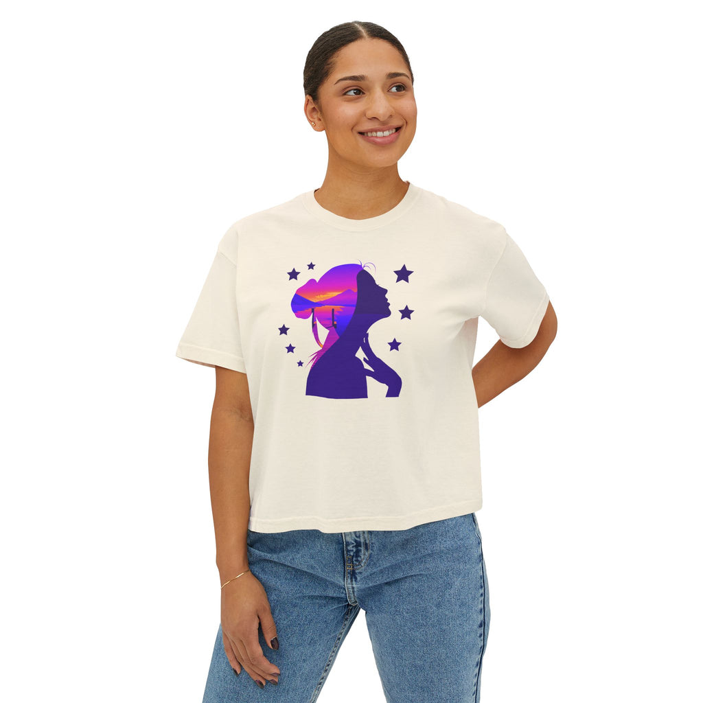Women's Boxy Tee — Purple Sunset Silhouette Tee for Girls & Teens