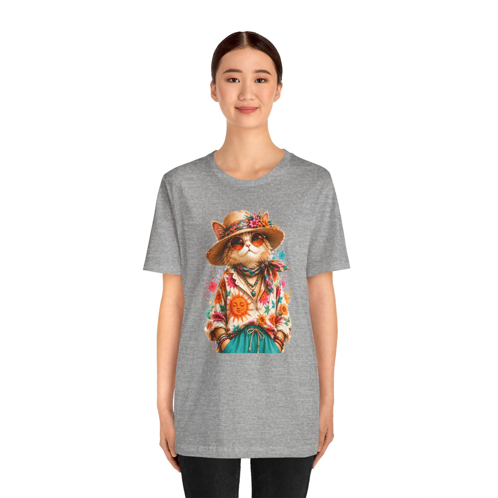 Boho Cat Graphic Tee — Floral Hat & Sunshine Cat T-Shirt