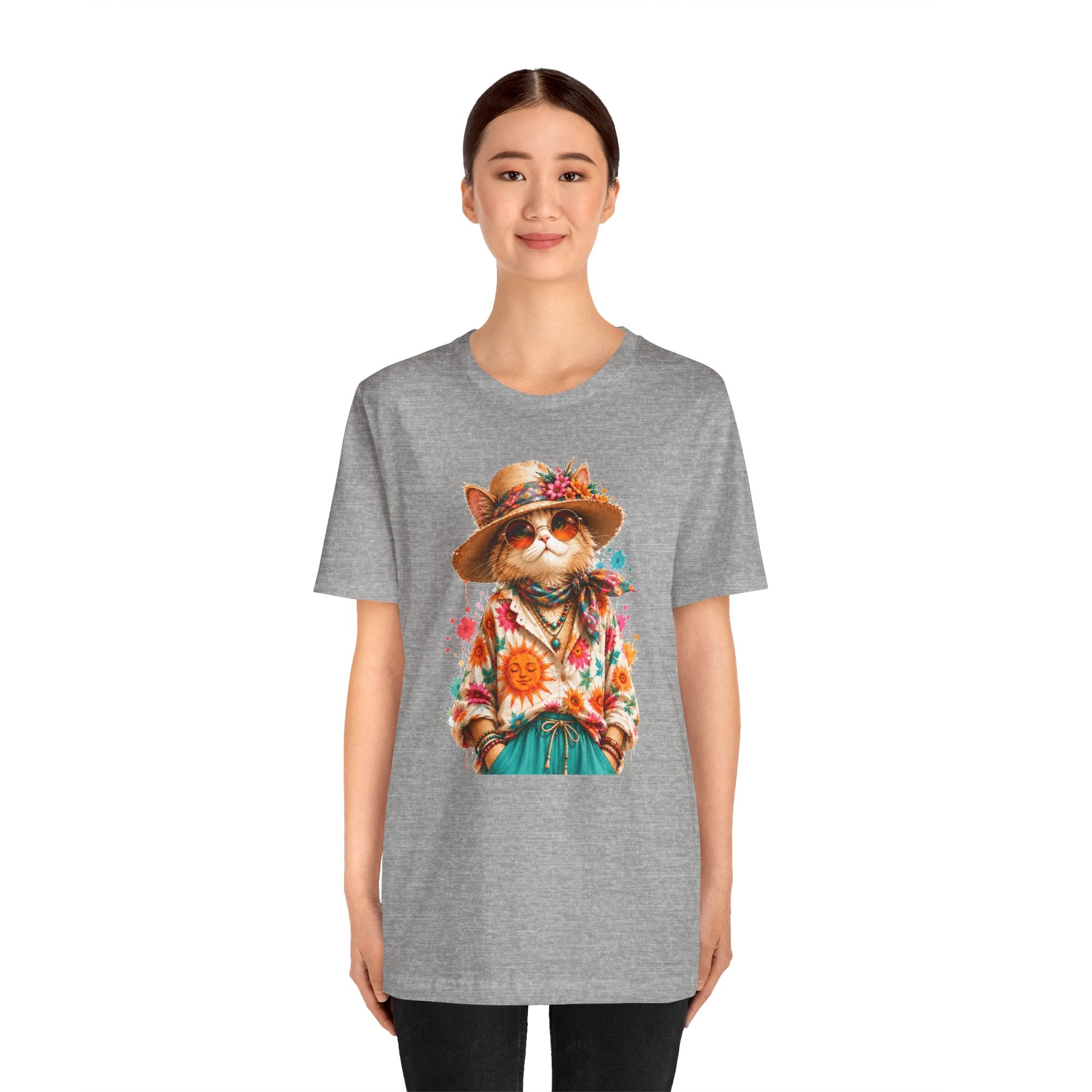 Boho Cat Graphic Tee — Floral Hat & Sunshine Cat T-Shirt