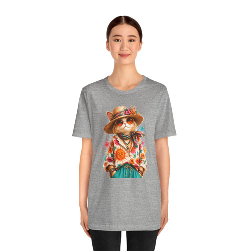 Boho Cat Graphic Tee — Floral Hat & Sunshine Cat T-Shirt