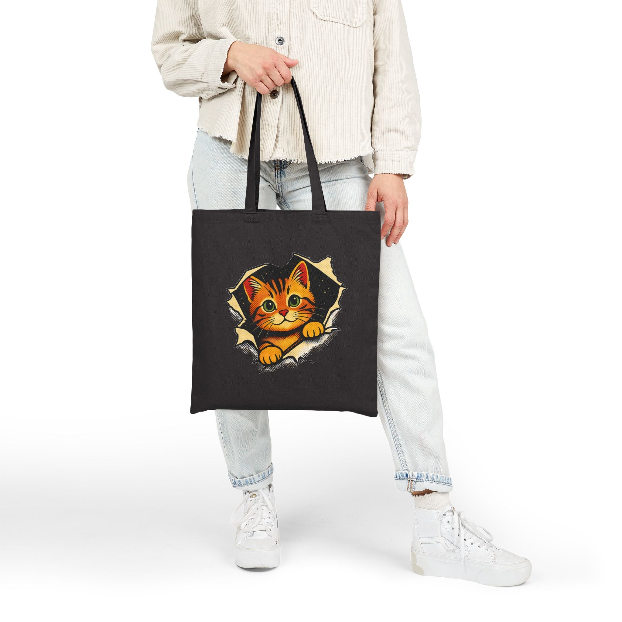 Cat Peeking Tote Bag — Cute Kitten Canvas Grocery & Book Bag
