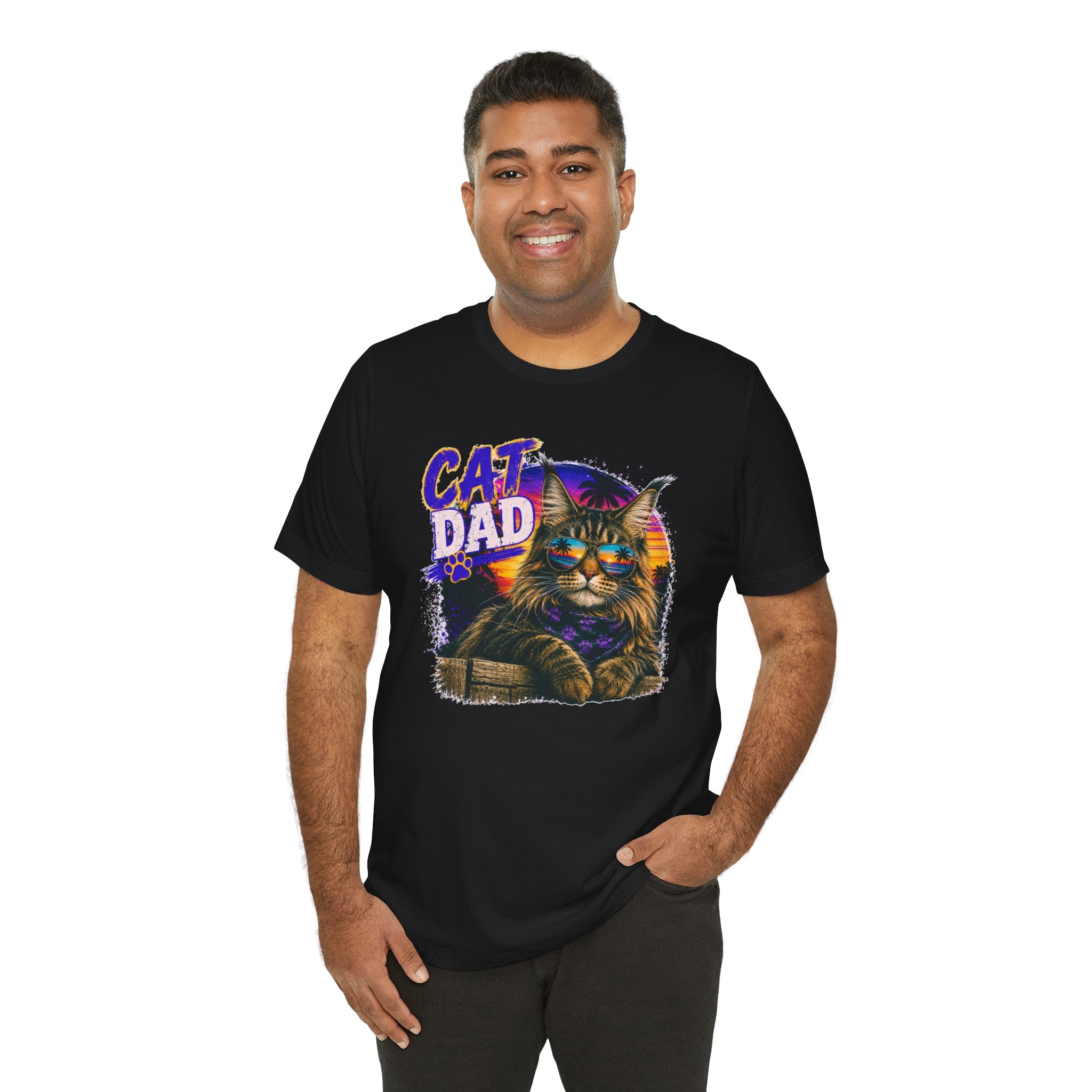 Cat Dad Maine Coon T-Shirt | Retro Sunset Cat Lover Shirt | Funny Cat Dad Gift | Vintage Graphic Tee for Men