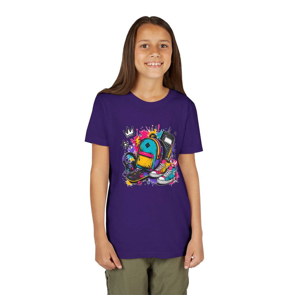 Youth Tee — Colorful Back-to-School Backpack Skateboard Graphic