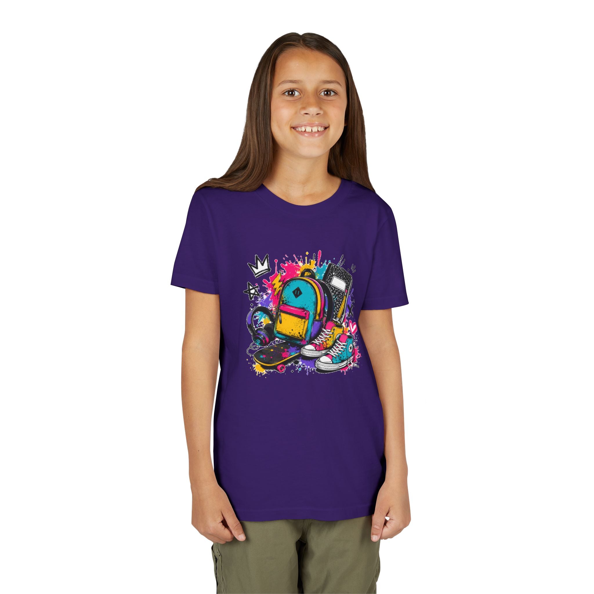 Youth Tee — Colorful Back-to-School Backpack Skateboard Graphic