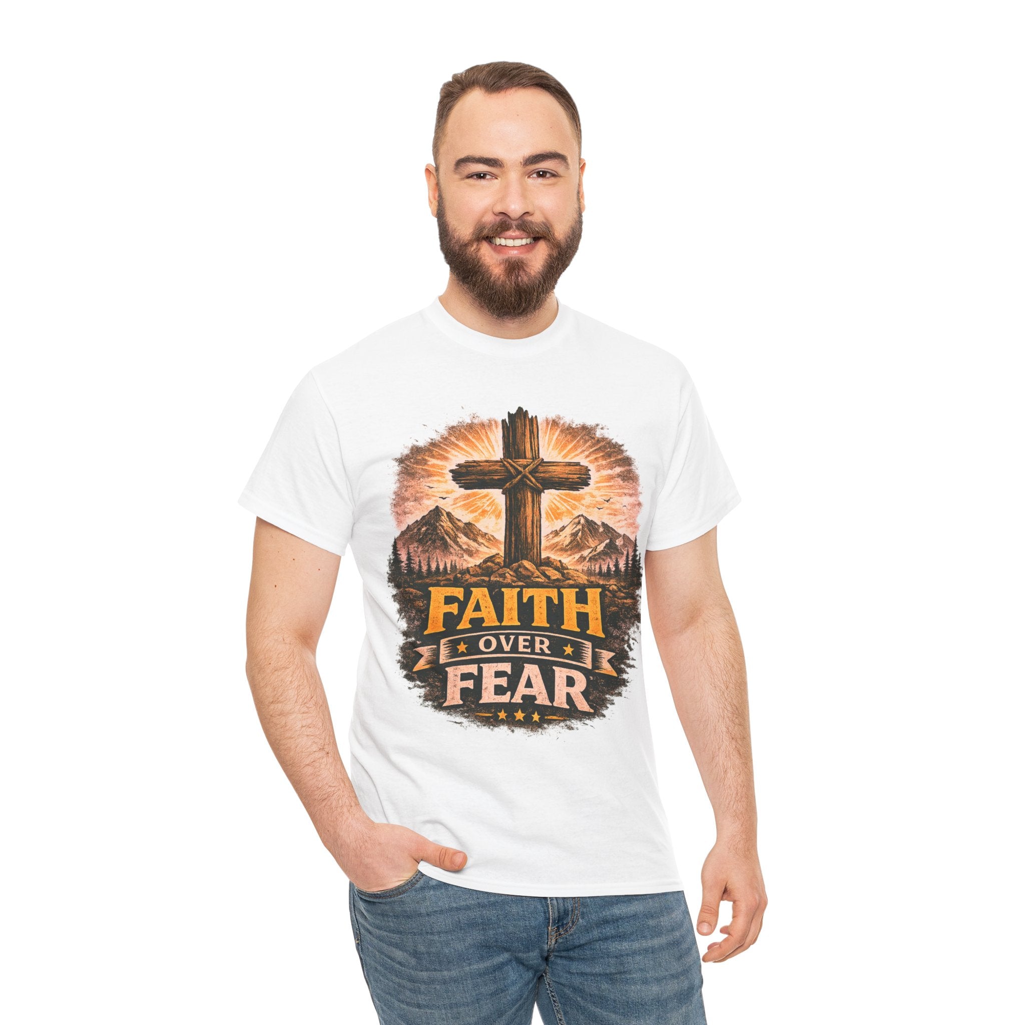 Faith Over Fear T-Shirt | Christian Cross Shirt | Religious Graphic Tee | Bible Verse Gift | Men's Faith Shirt