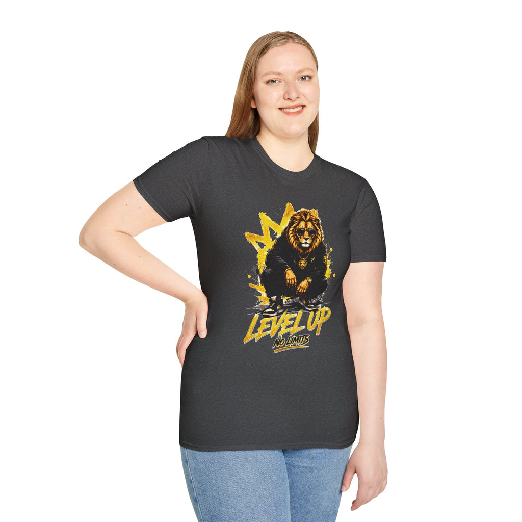 Lion 'Level Up No Limits' T-Shirt — Motivational Graphic Tee for Ambitious Souls