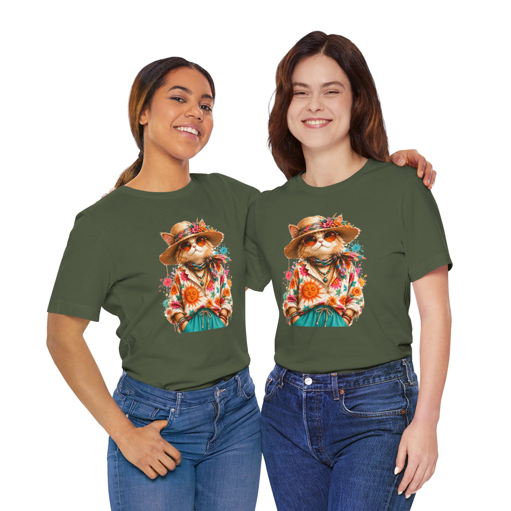 Boho Cat Graphic Tee — Floral Hat & Sunshine Cat T-Shirt