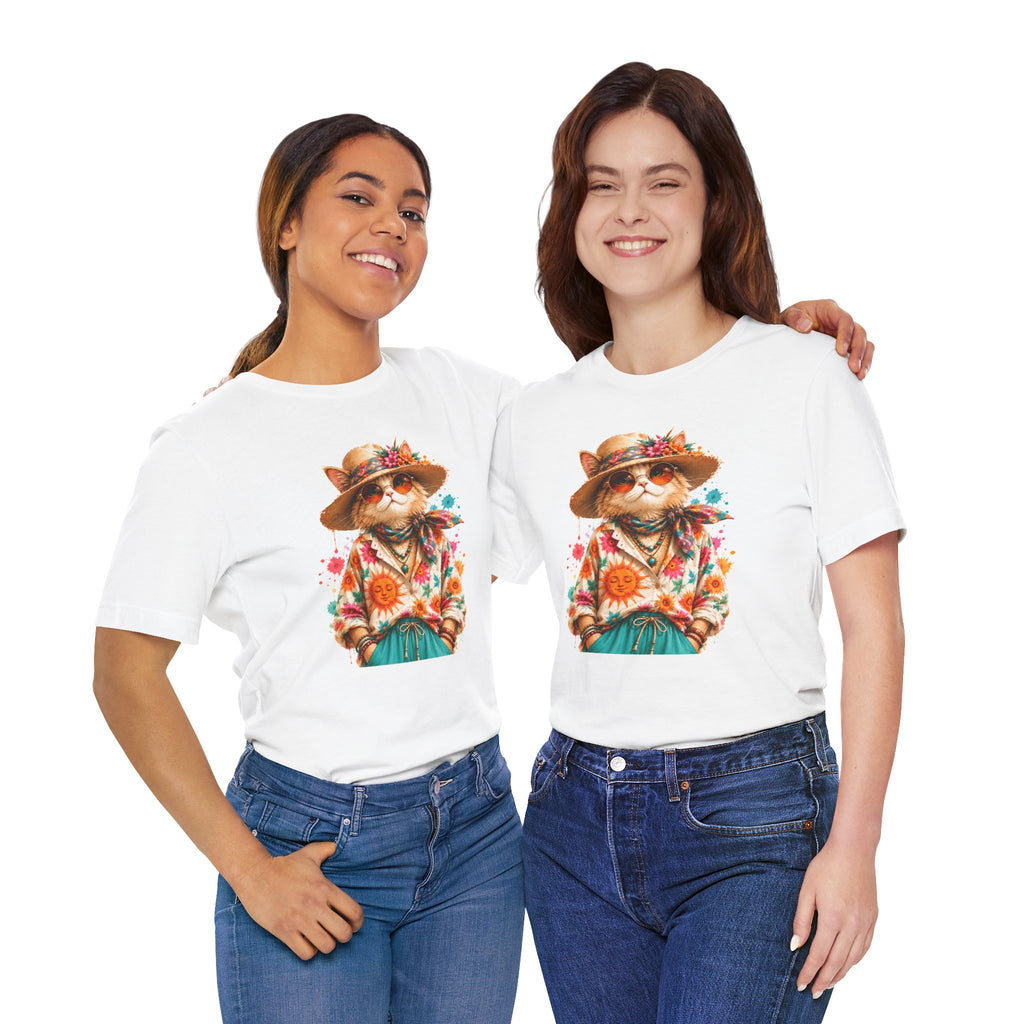 Boho Cat Graphic Tee — Floral Hat & Sunshine Cat T-Shirt