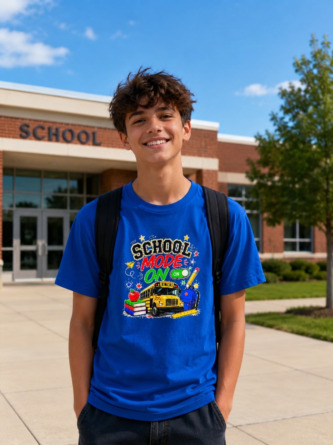 School Mode On Kids T‑Shirt — Back-to-School Graphic Tee with Bus, Books & Apple