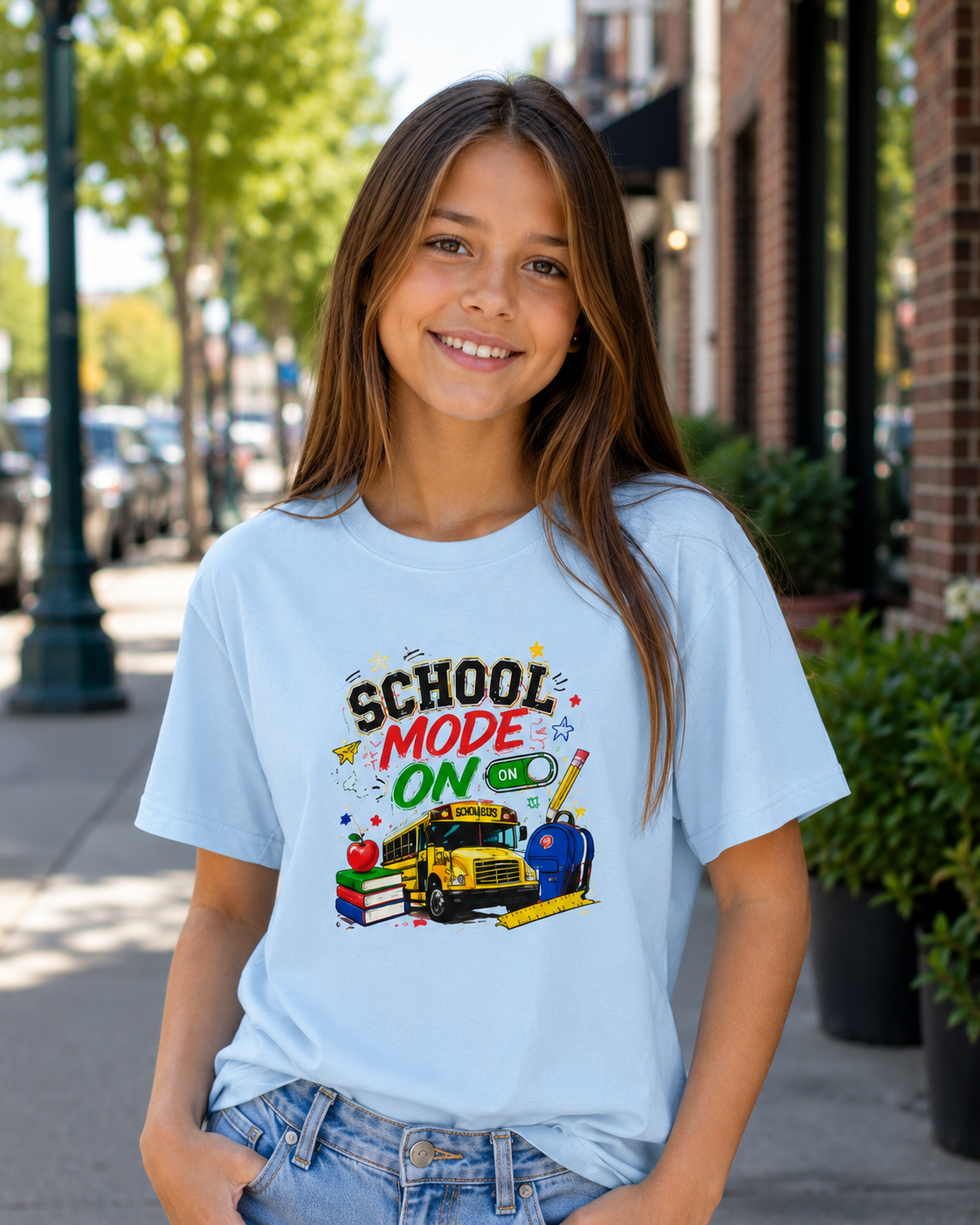School Mode On Kids T‑Shirt — Back-to-School Graphic Tee with Bus, Books & Apple