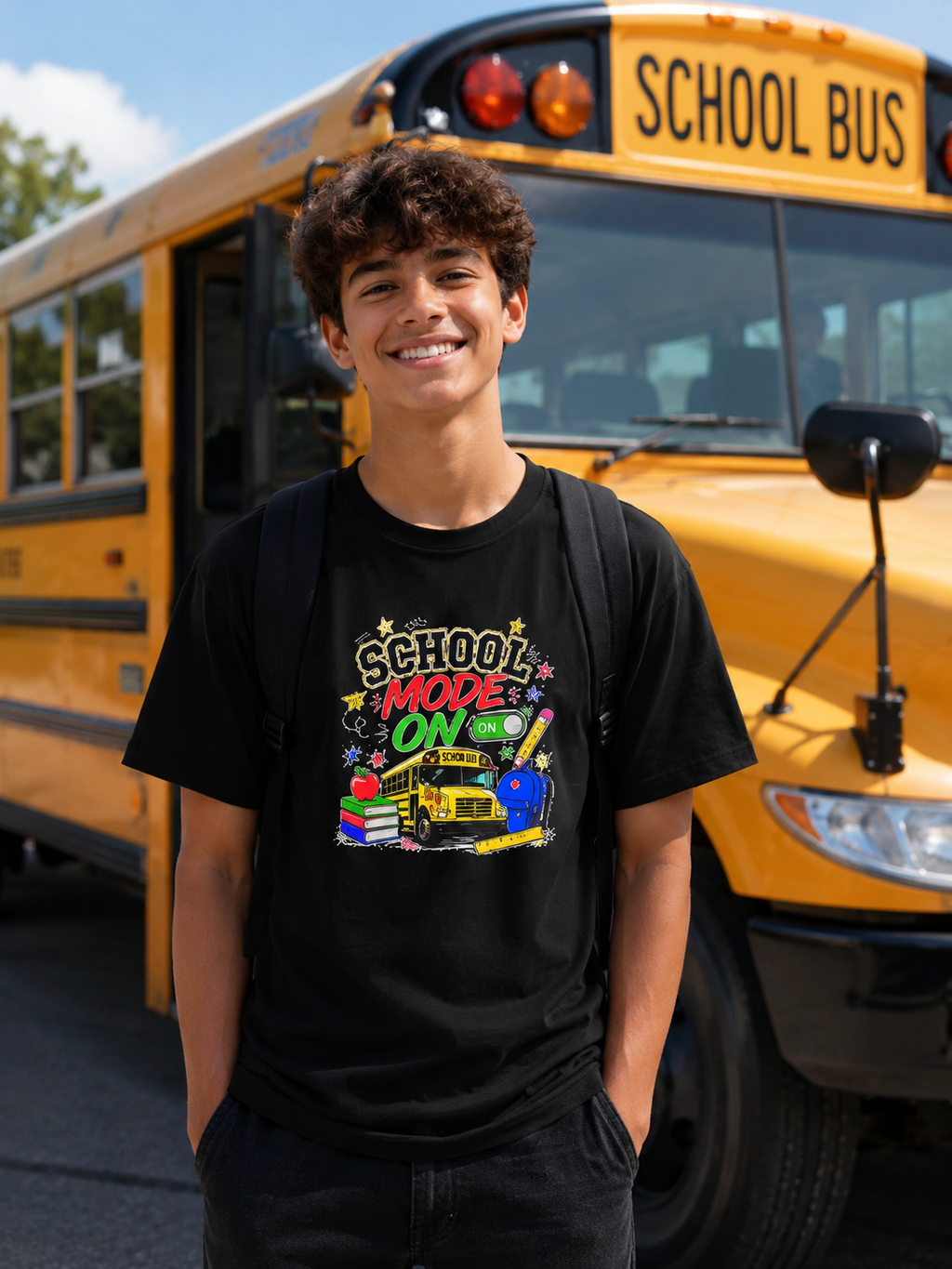 School Mode On Kids T‑Shirt — Back-to-School Graphic Tee with Bus, Books & Apple