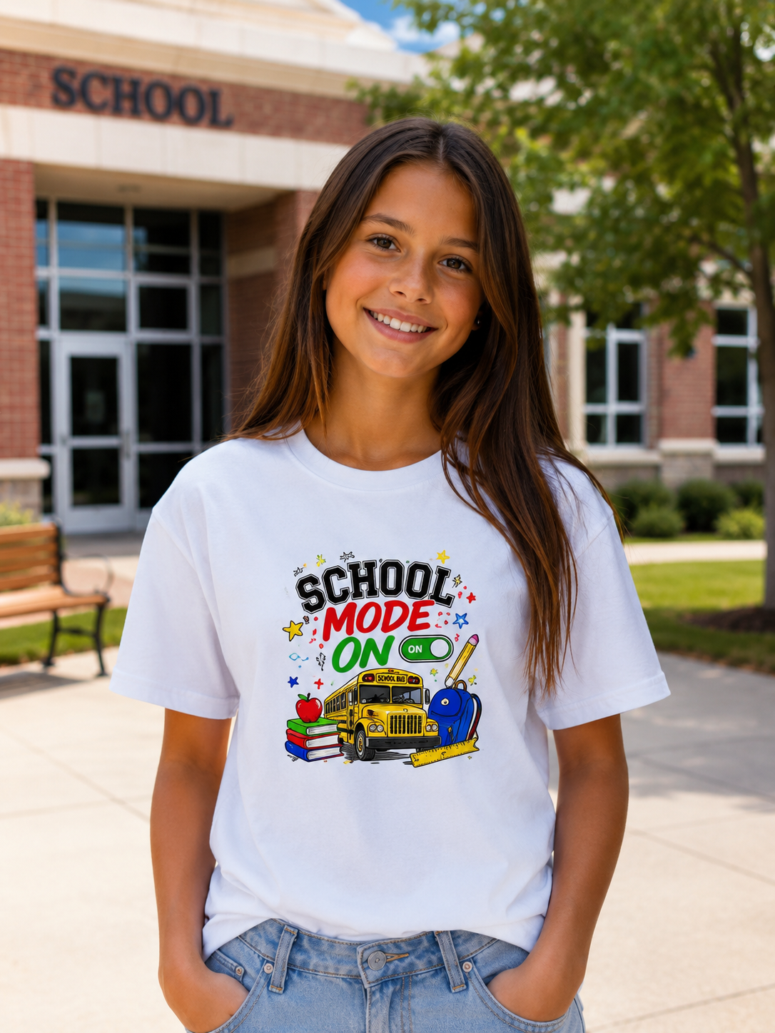 School Mode On Kids T‑Shirt — Back-to-School Graphic Tee with Bus, Books & Apple