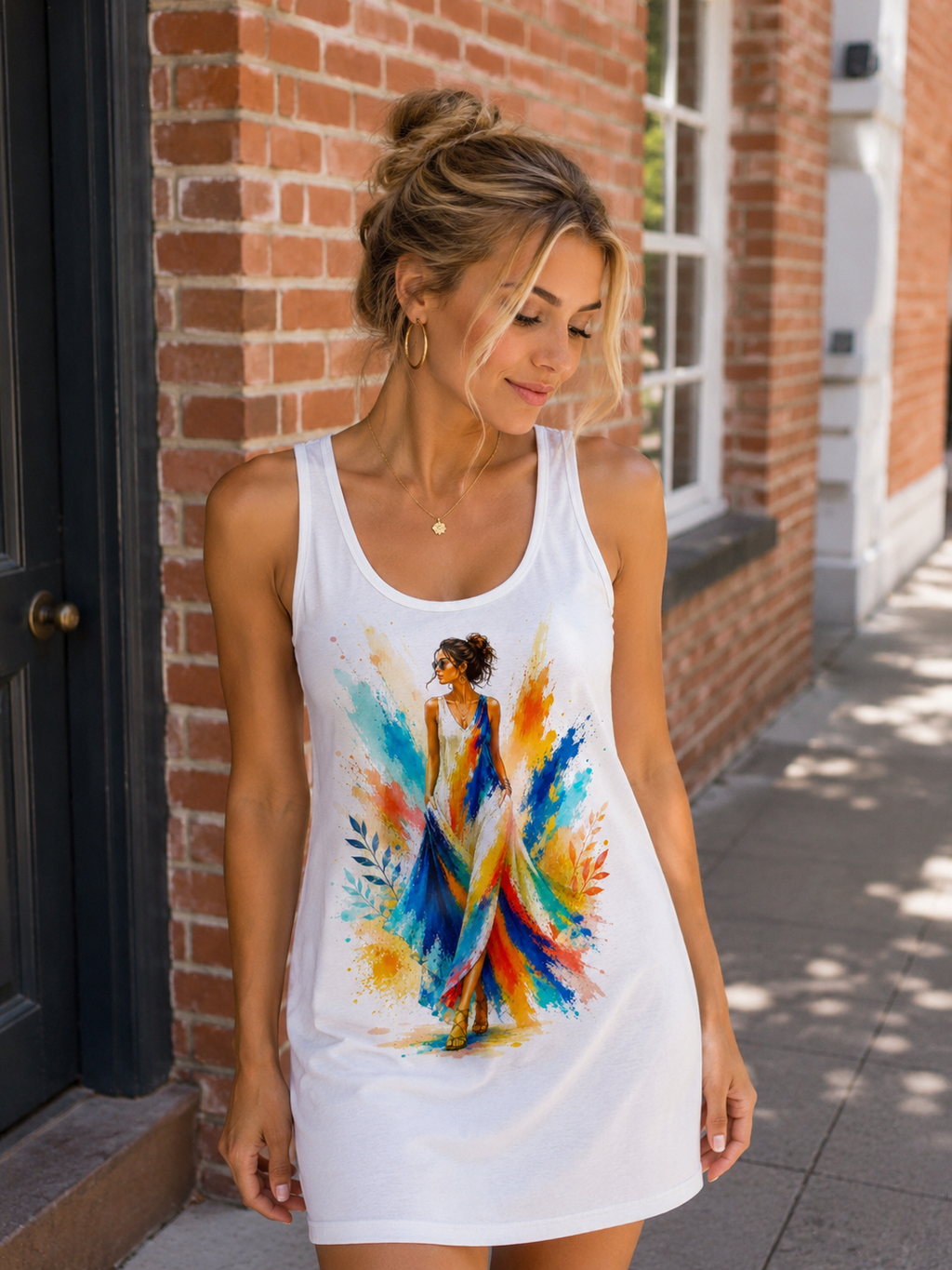 Colorful Watercolor Woman Racerback Dress, Artistic Tank Dress, Vibrant Summer Dress, Abstract Art Dress, Sleeveless Casual Dress, Gift for Her