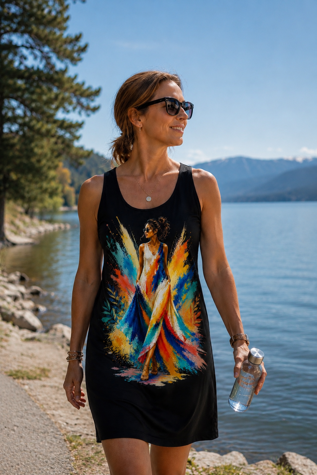 Colorful Watercolor Woman Racerback Dress, Artistic Tank Dress, Abstract Art Dress, Vibrant Summer Dress, Sleeveless Casual Dress, Gift for Her