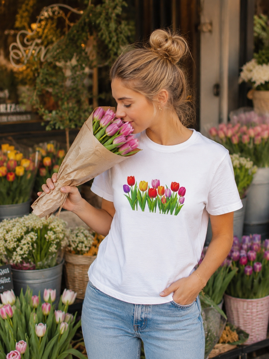 Colorful Tulip Shirt, Floral T-Shirt for Women, Botanical Graphic Tee, Spring Garden Shirt, Comfort Colors Tee