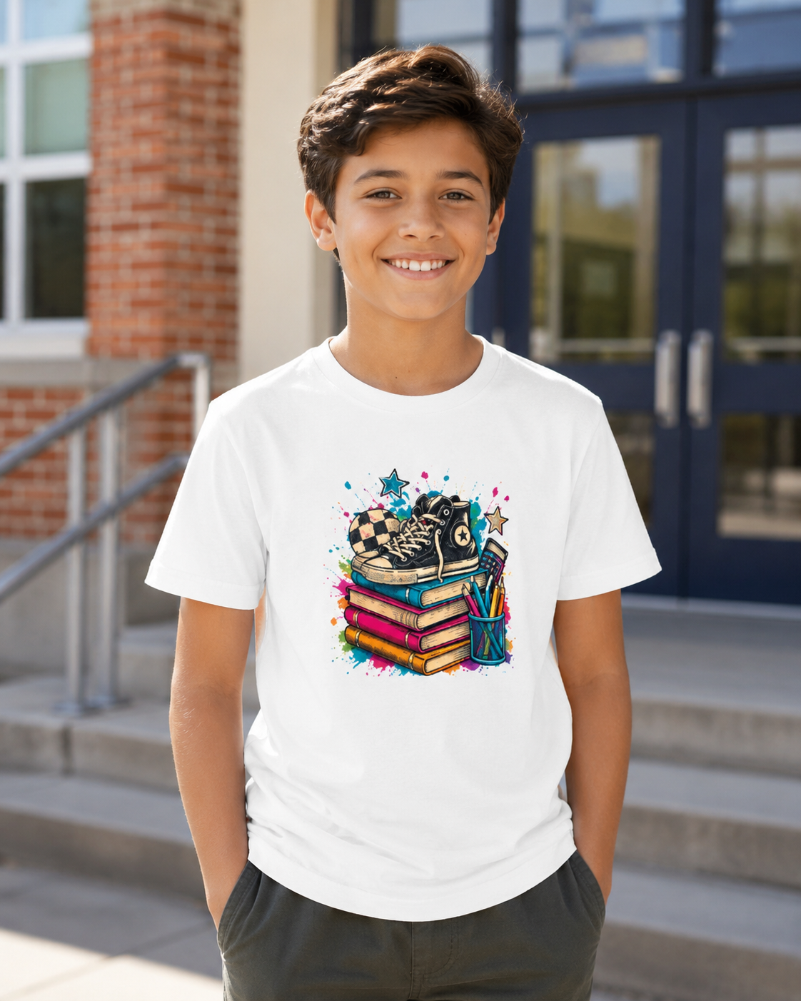 Kids Back-to-School Tee — Colorful Books, Sneakers & Pencils Graphic