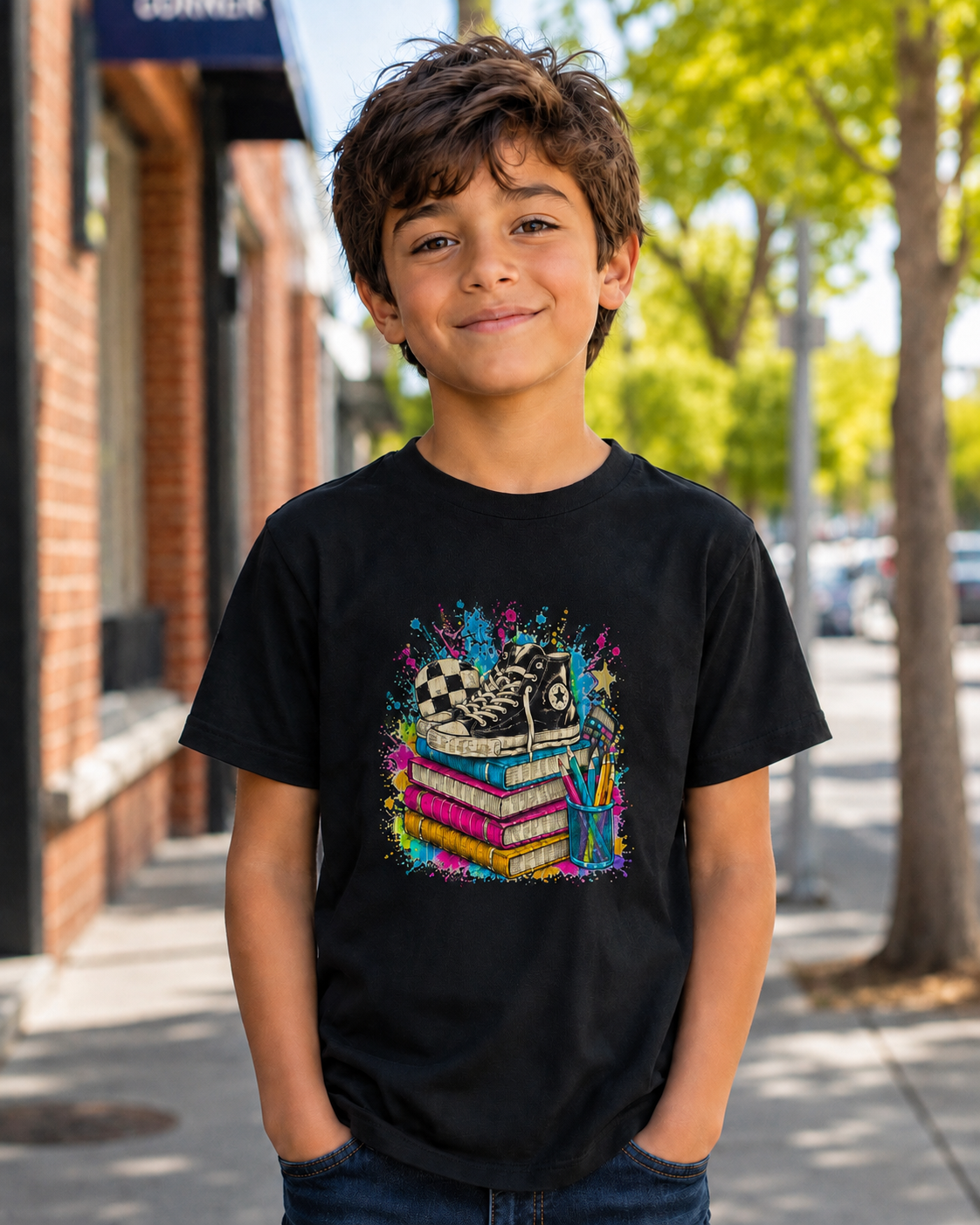 Kids Back-to-School Tee — Colorful Books, Sneakers & Pencils Graphic