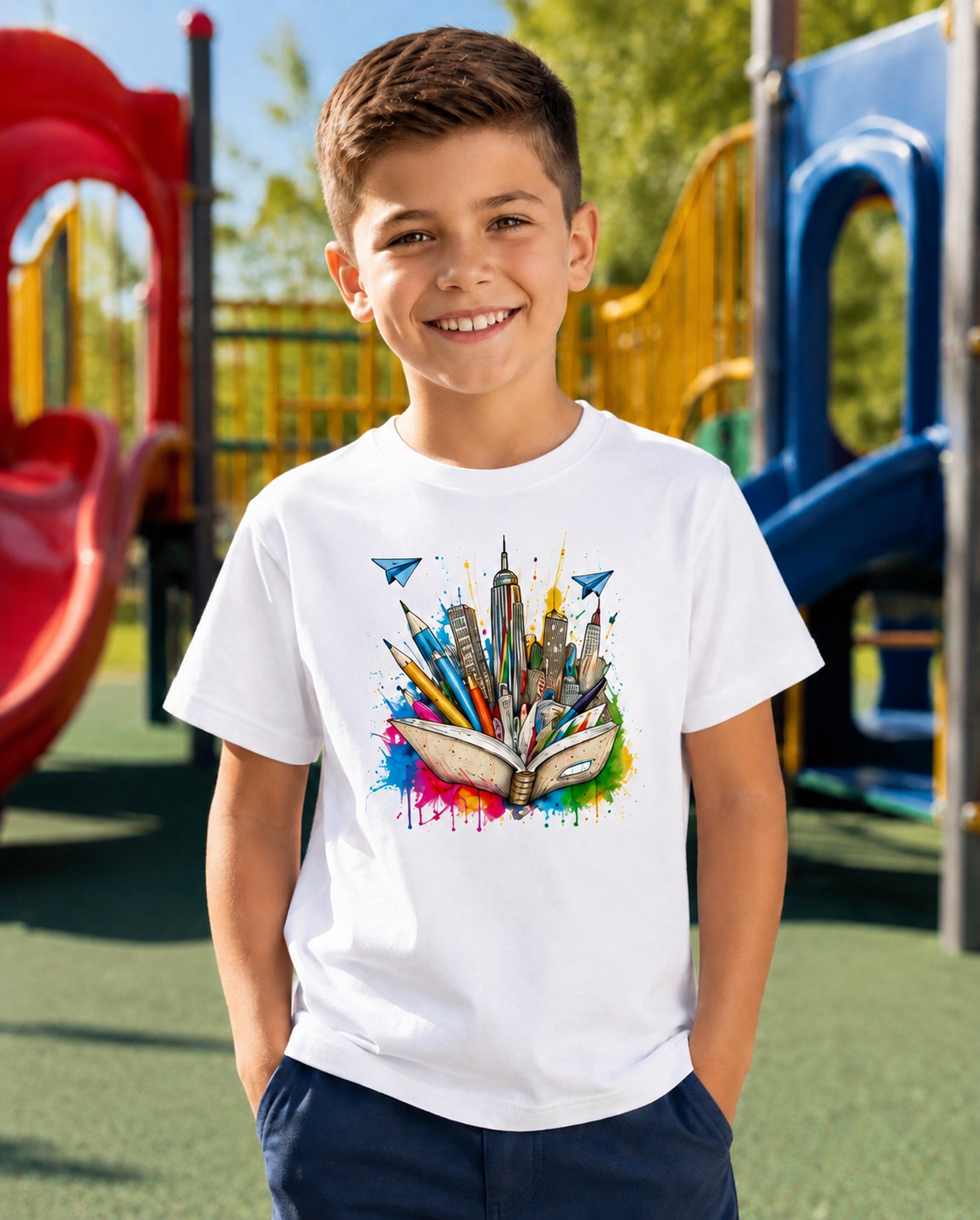 Youth Book City Tee — Colorful Reading Adventure Shirt for Kids