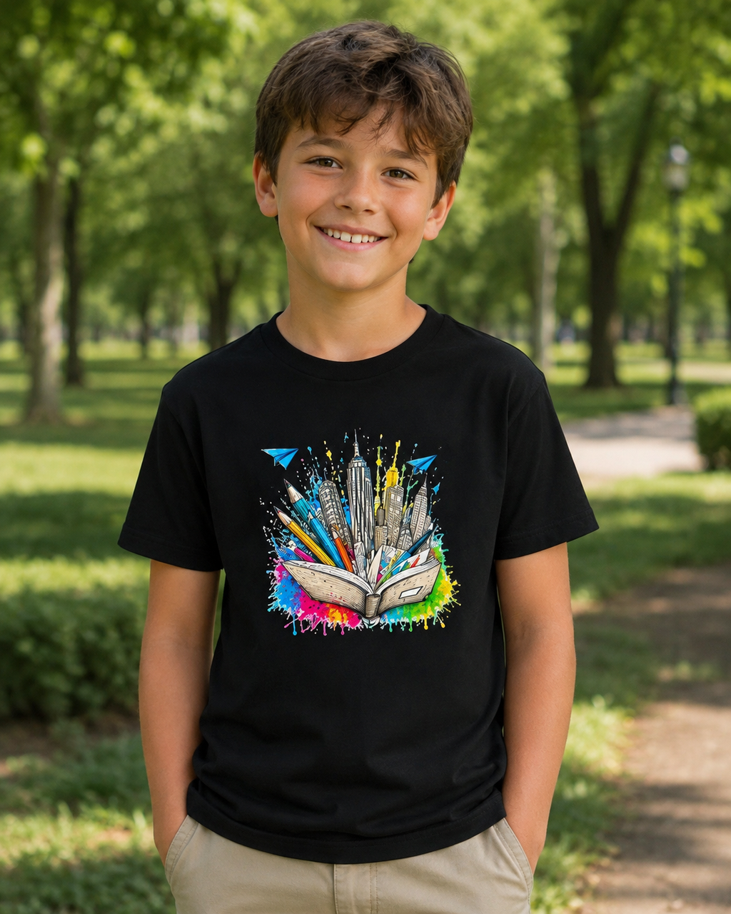 Youth Book City Tee — Colorful Reading Adventure Shirt for Kids
