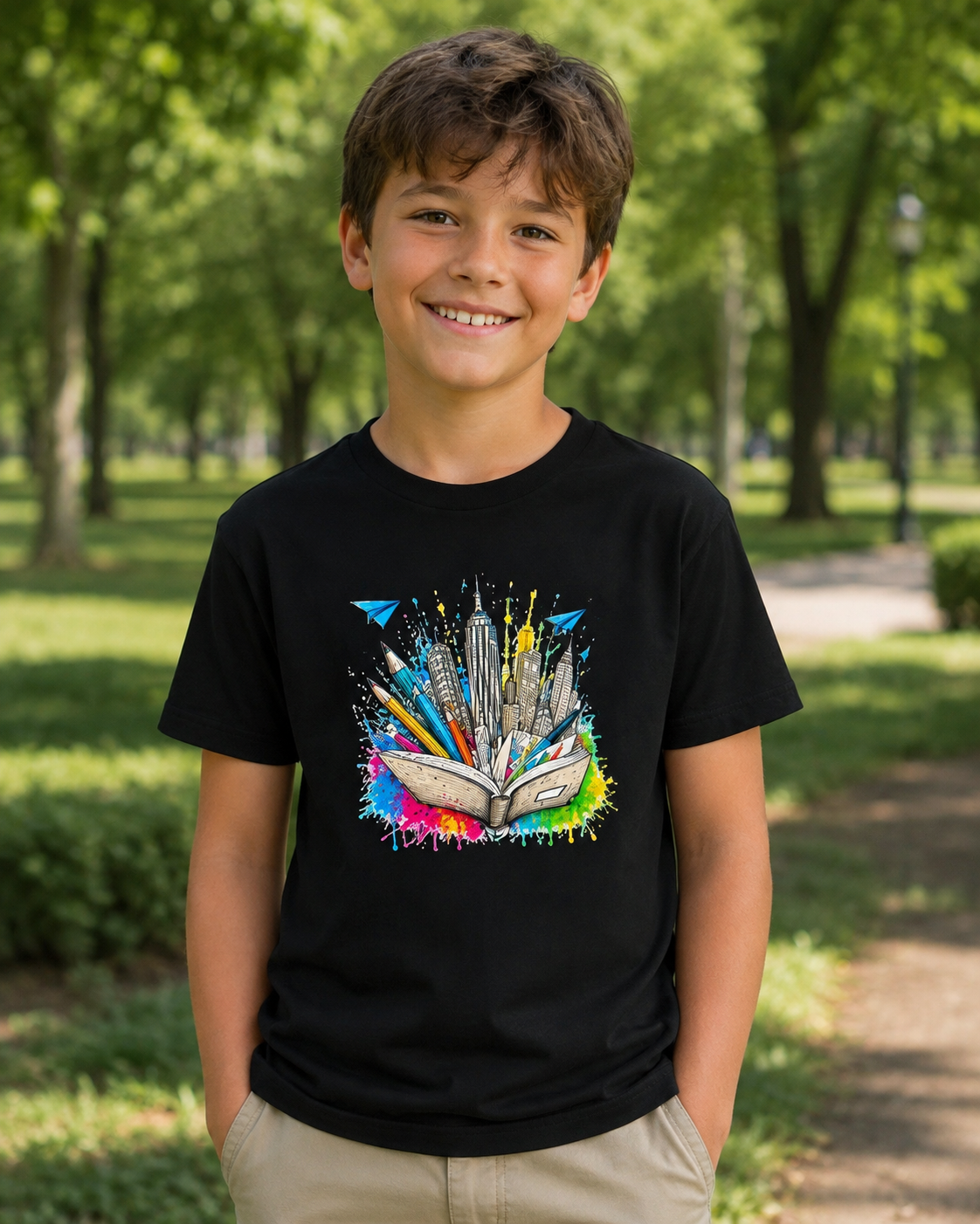 Youth Book City Tee — Colorful Reading Adventure Shirt for Kids