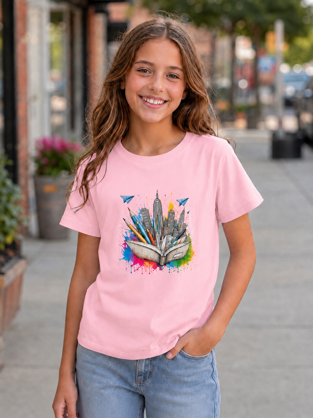 Youth Book City Tee — Colorful Reading Adventure Shirt for Kids