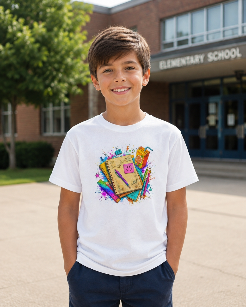 Kids Back to School T‑Shirt — Colorful Notebooks & Pencil Design