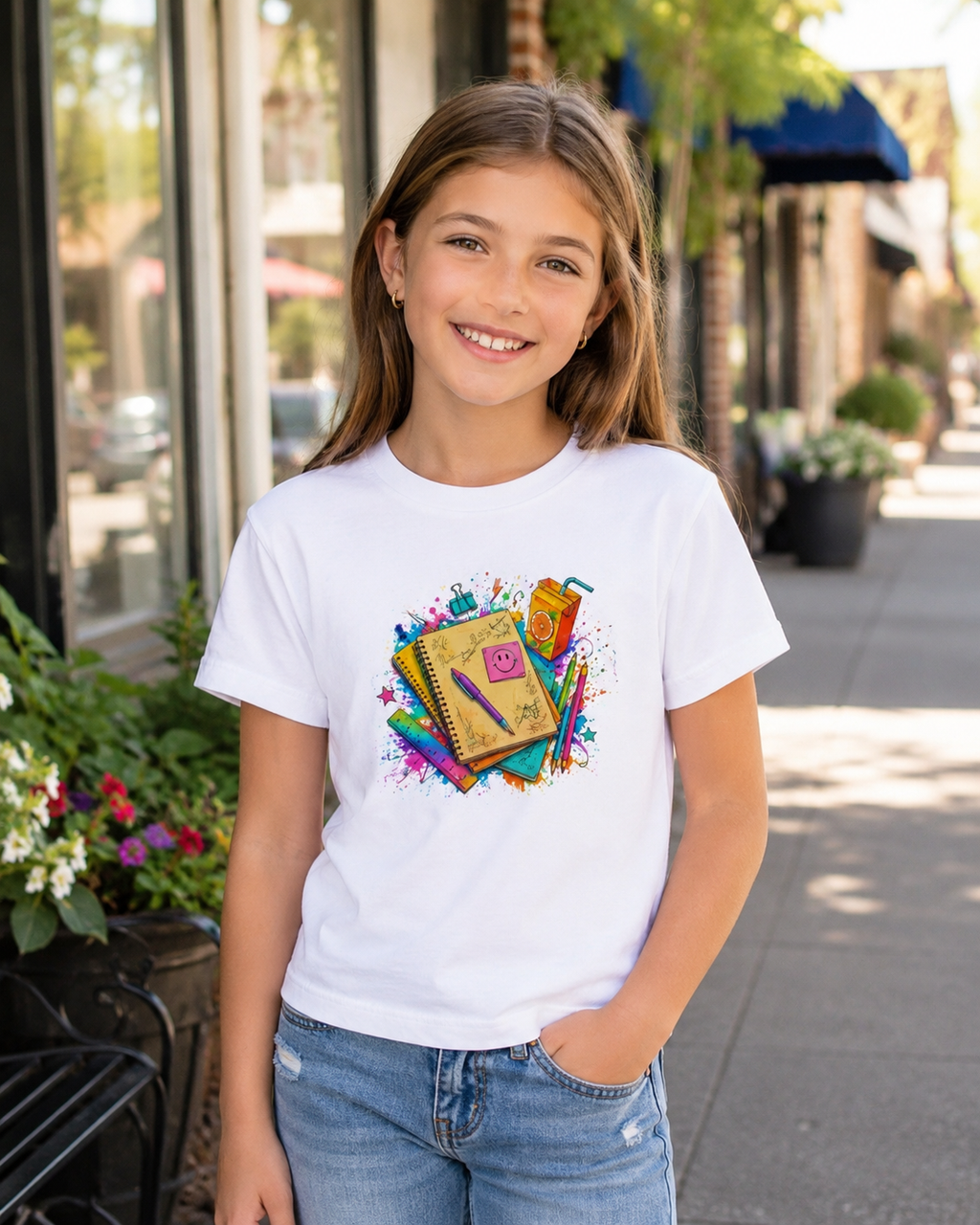 Kids Back to School T‑Shirt — Colorful Notebooks & Pencil Design