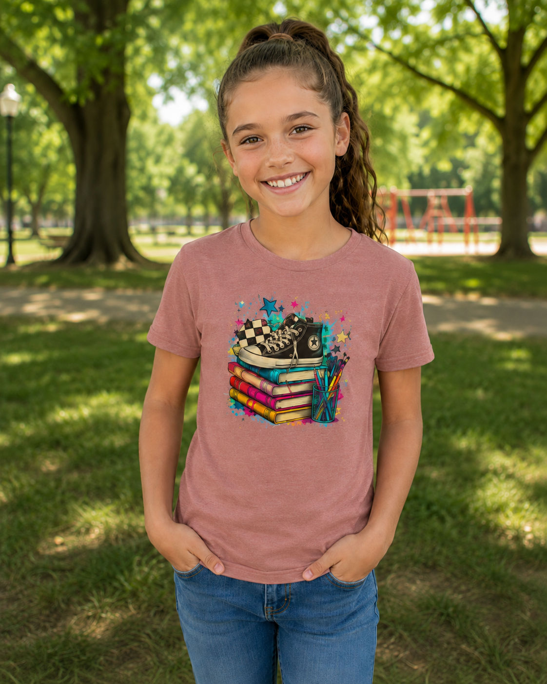 Kids Back-to-School Tee — Colorful Books, Sneakers & Pencils Graphic