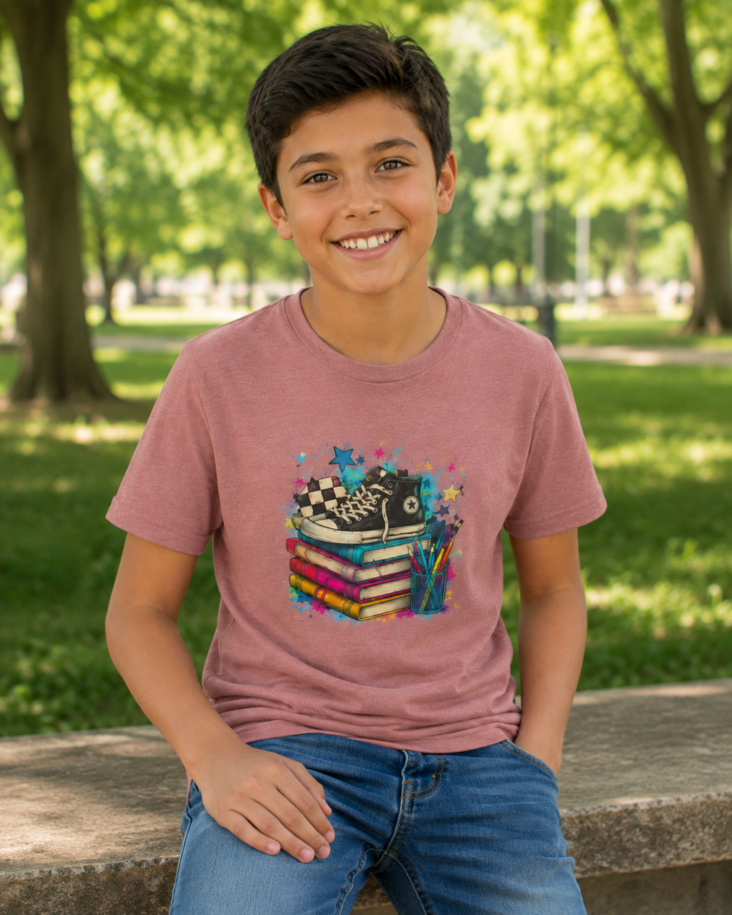 Kids Back-to-School Tee — Colorful Books, Sneakers & Pencils Graphic