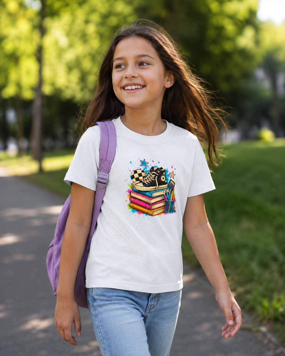 Kids Back-to-School Tee — Colorful Books, Sneakers & Pencils Graphic