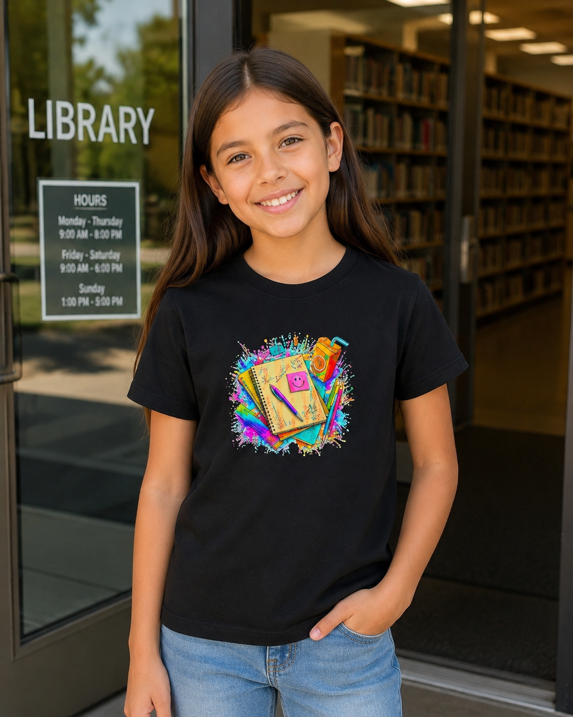 Kids Back to School T‑Shirt — Colorful Notebooks & Pencil Design