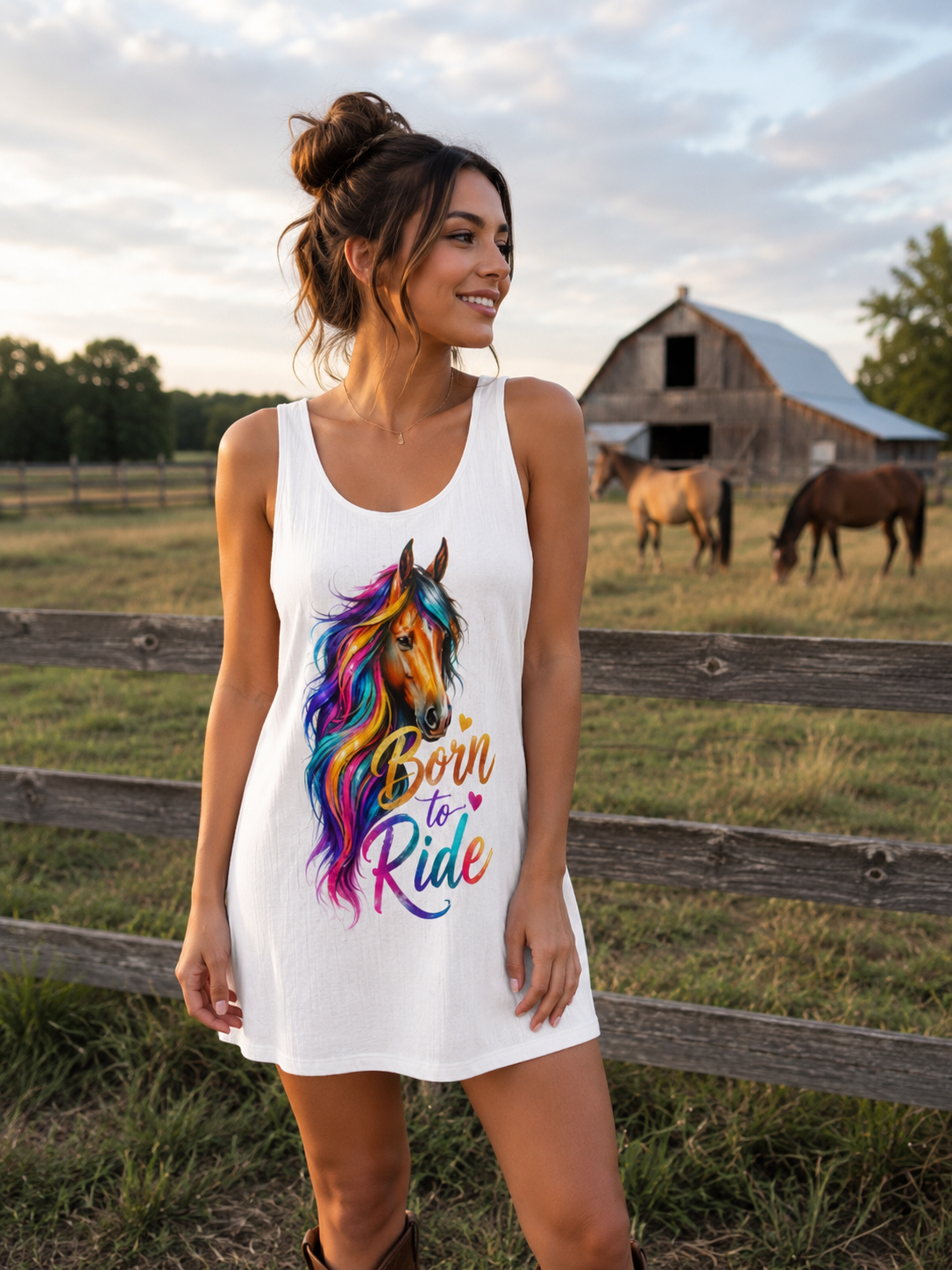 Colorful Horse Racerback Dress, Born to Ride Dress, Horse Lover Gift, Equestrian Summer Dress, Rainbow Horse Graphic Dress, Women's Casual Tank Dress