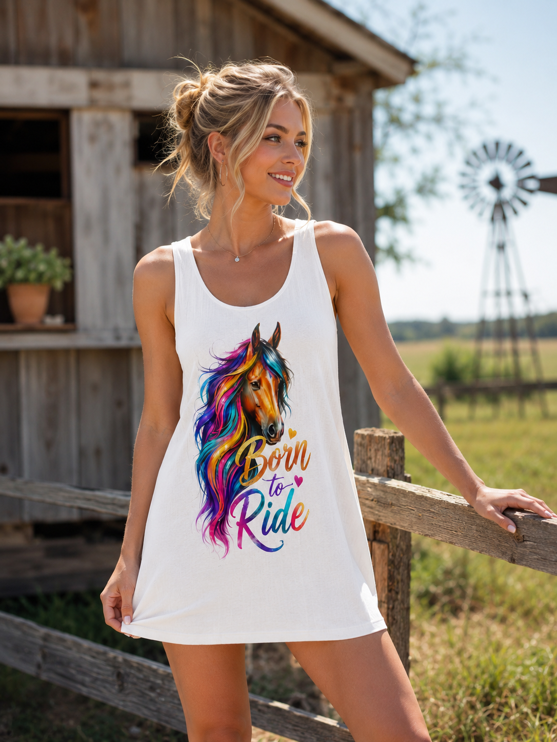 Colorful Horse Racerback Dress, Born to Ride Dress, Horse Lover Gift, Equestrian Summer Dress, Rainbow Horse Graphic Dress, Women's Casual Tank Dress
