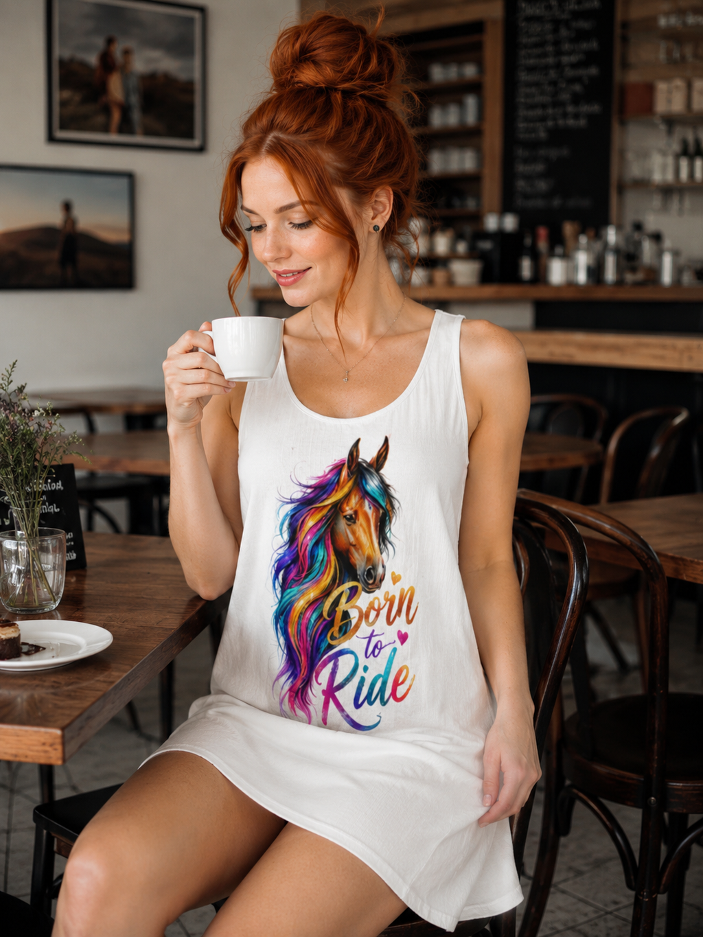 Colorful Horse Racerback Dress, Born to Ride Dress, Horse Lover Gift, Equestrian Summer Dress, Rainbow Horse Graphic Dress, Women's Casual Tank Dress