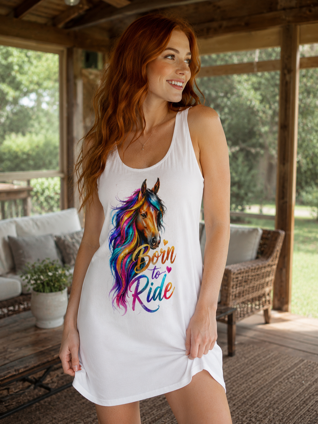 Colorful Horse Racerback Dress, Born to Ride Dress, Horse Lover Gift, Equestrian Summer Dress, Rainbow Horse Graphic Dress, Women's Casual Tank Dress