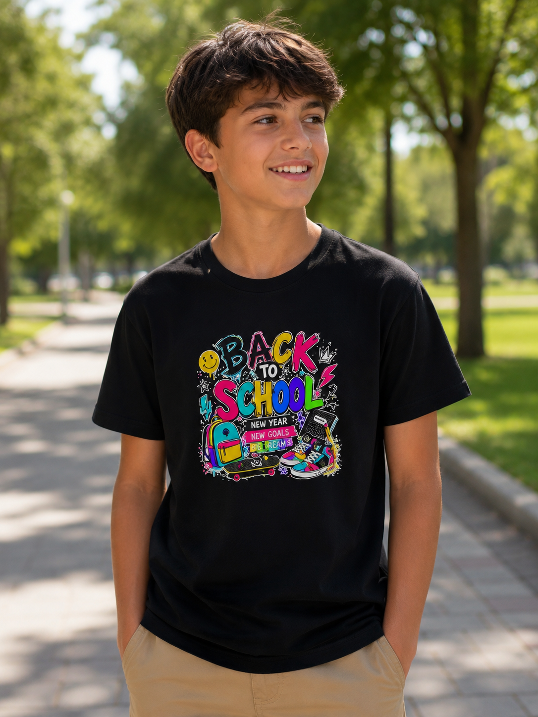Back to School Youth T-Shirt | First Day of School Shirt | Backpack Sneakers Graphic Tee | Boys Girls School Tee | Student Gift