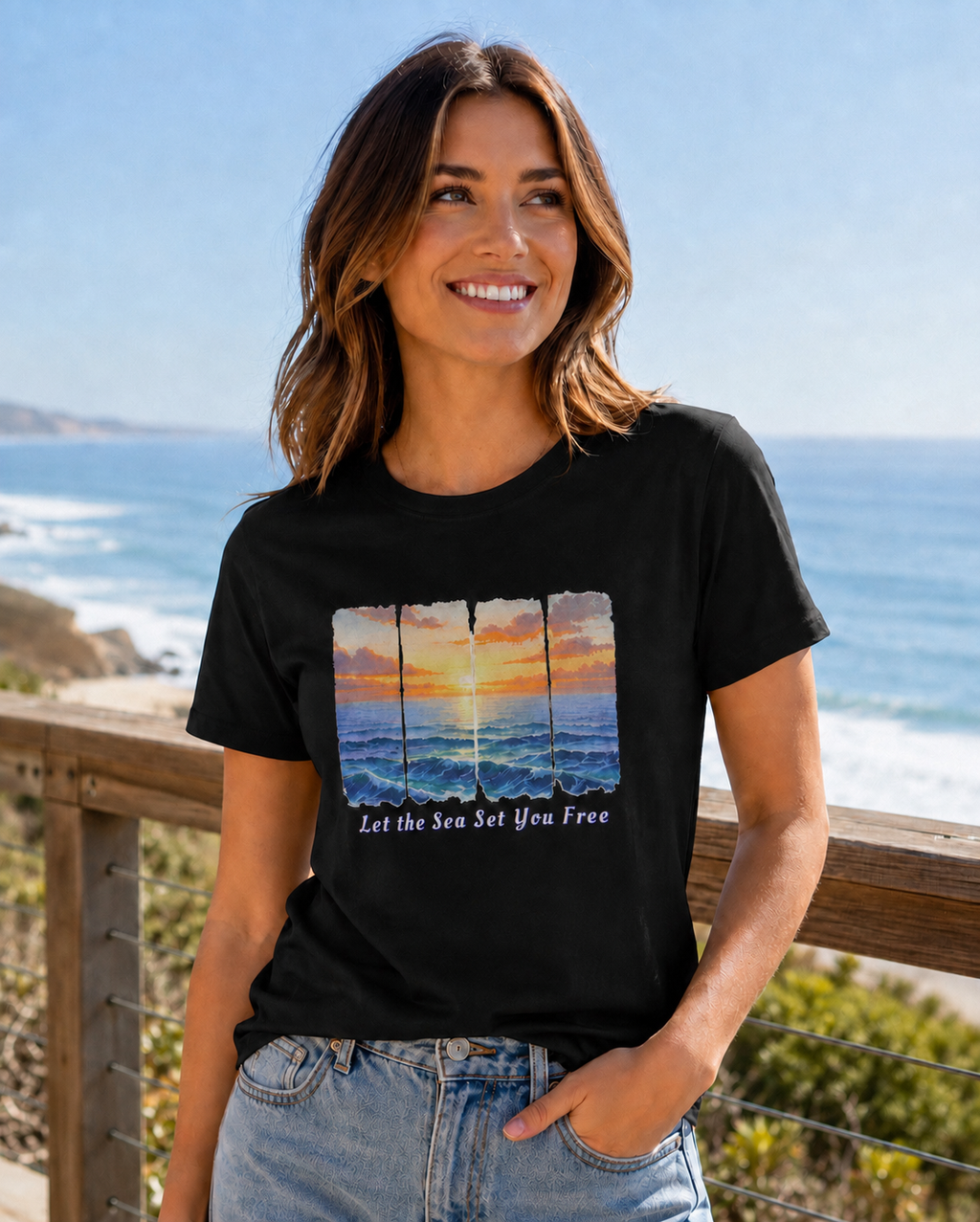 Sunset Ocean Wave T-Shirt, Let the Sea Set You Free Tee, Beach Lover Shirt