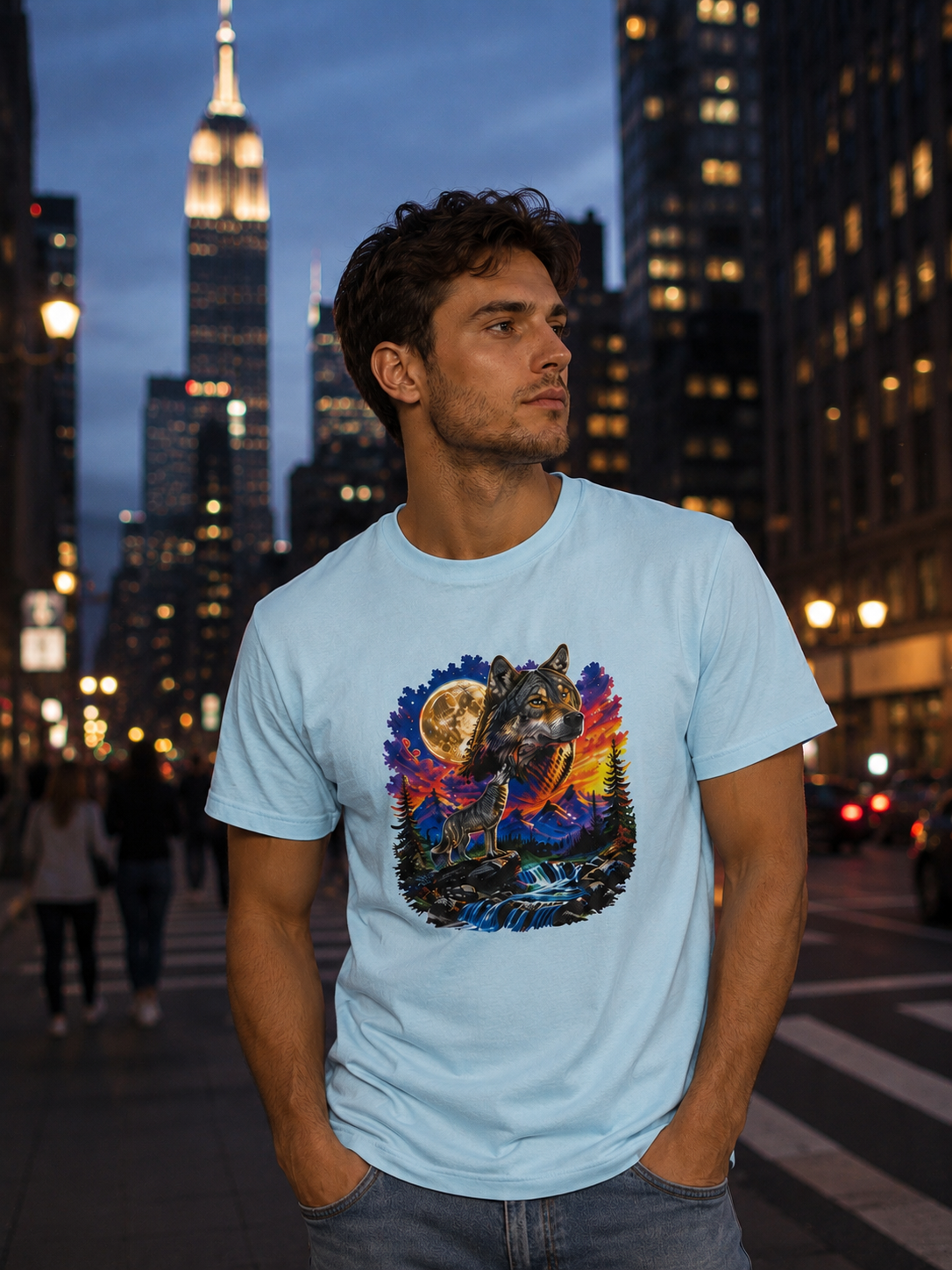 Colorful Wolf Moon T-Shirt, Nature Lover Gift, Howling Wolf Graphic Tee, Mountain Forest Shirt, Wildlife Adventure Tee